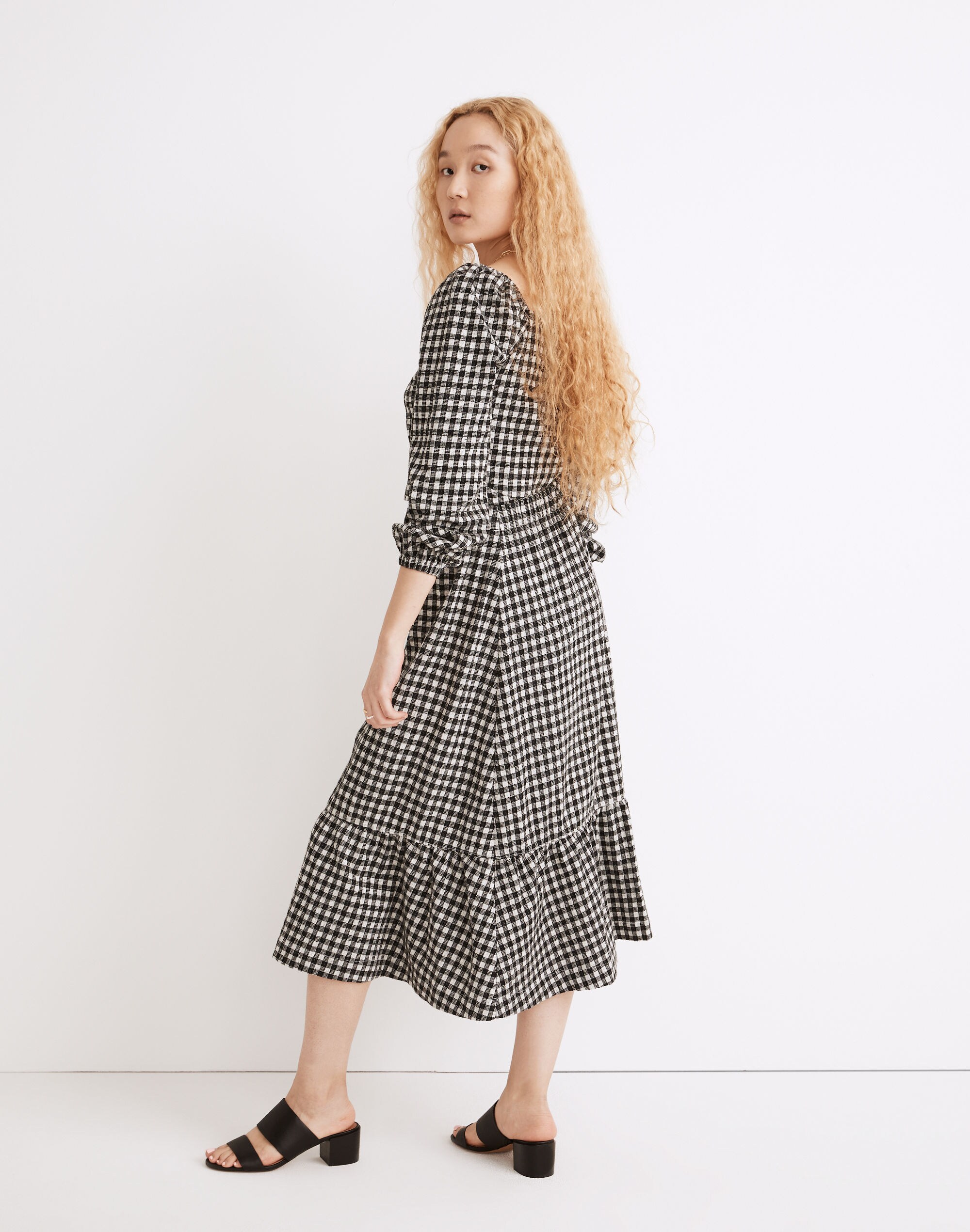 Gingham Seersucker Knit Pull-On Midi Skirt