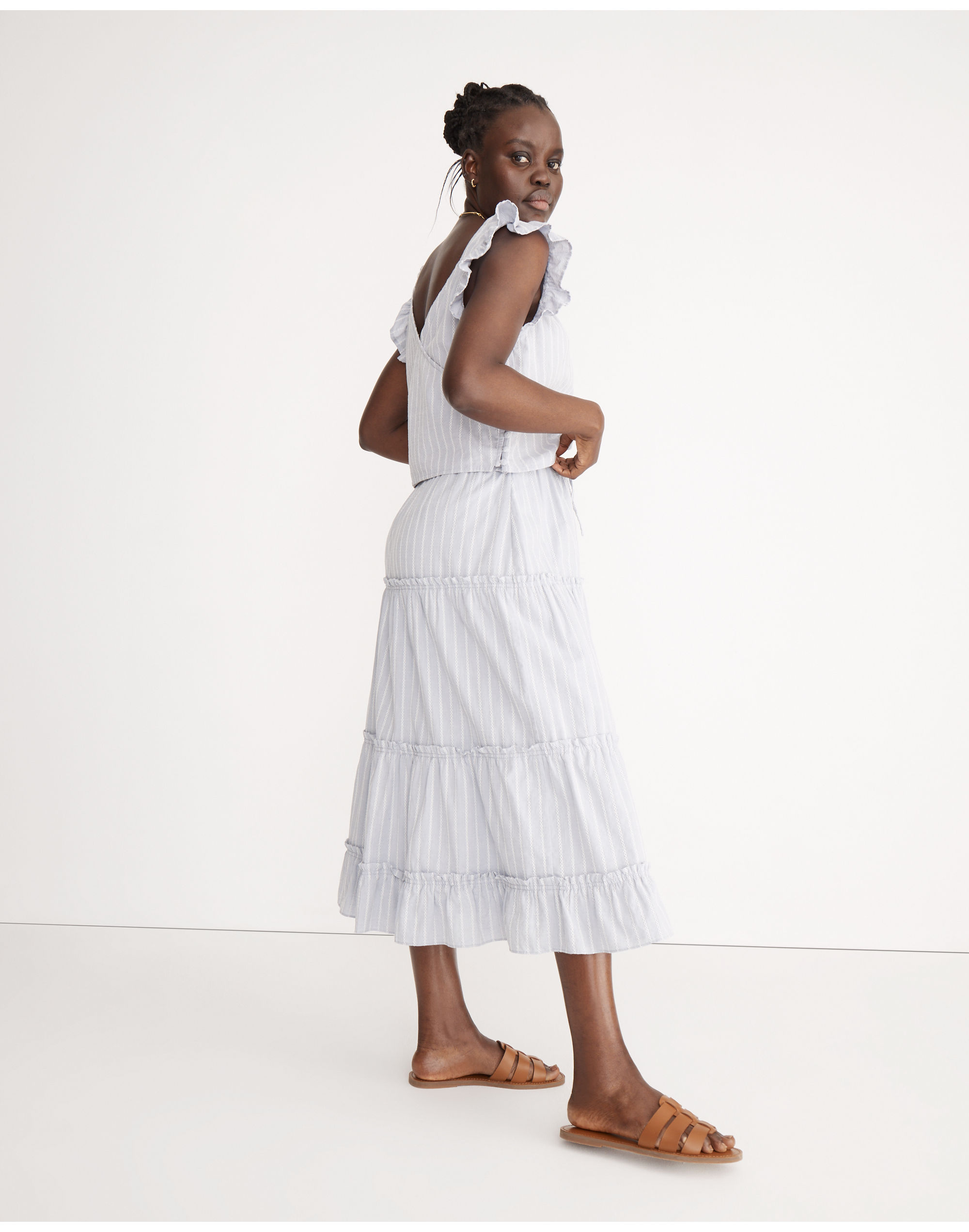 Striped Pull-On Ruffle Tiered Maxi Skirt