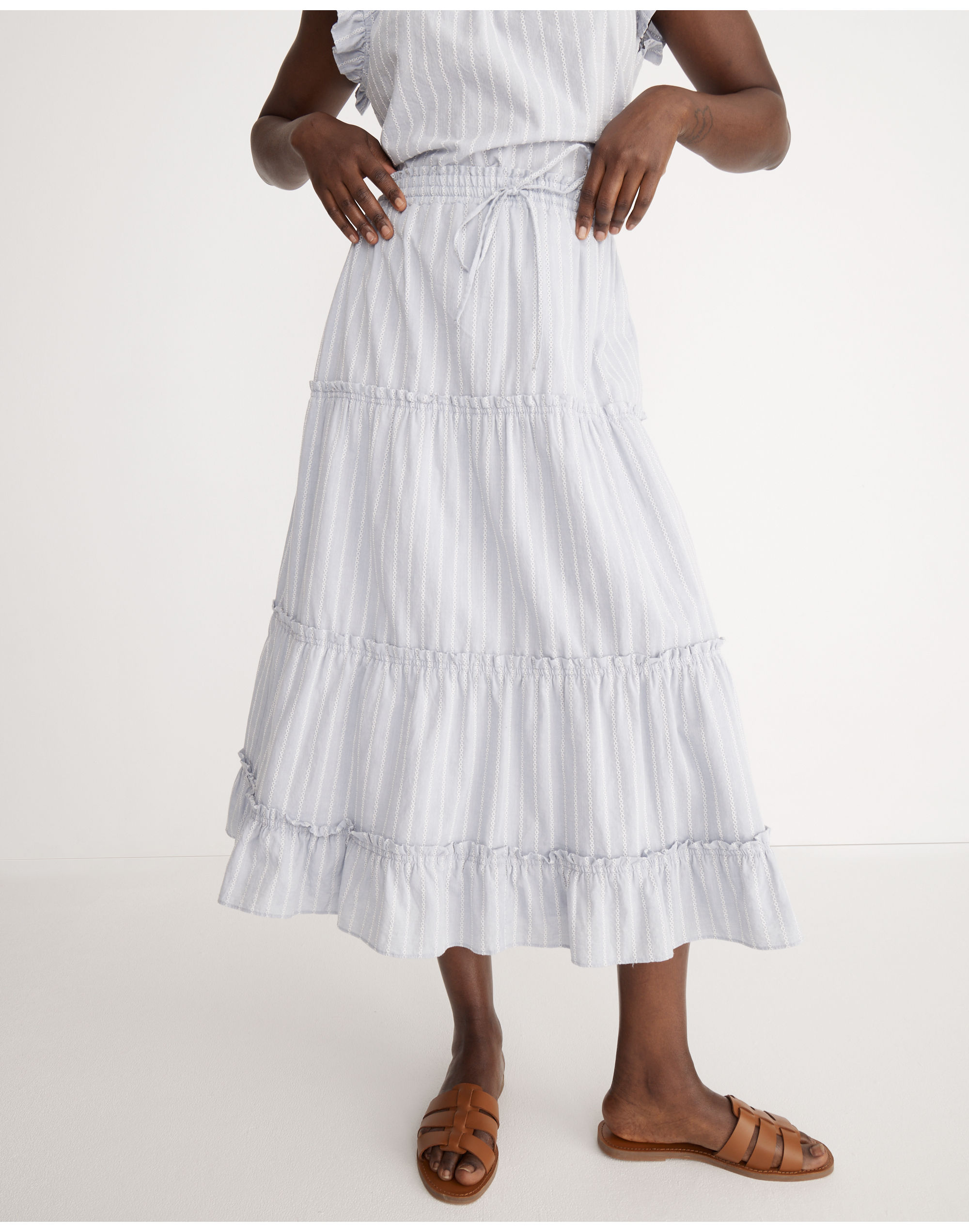 Striped Pull-On Ruffle Tiered Maxi Skirt