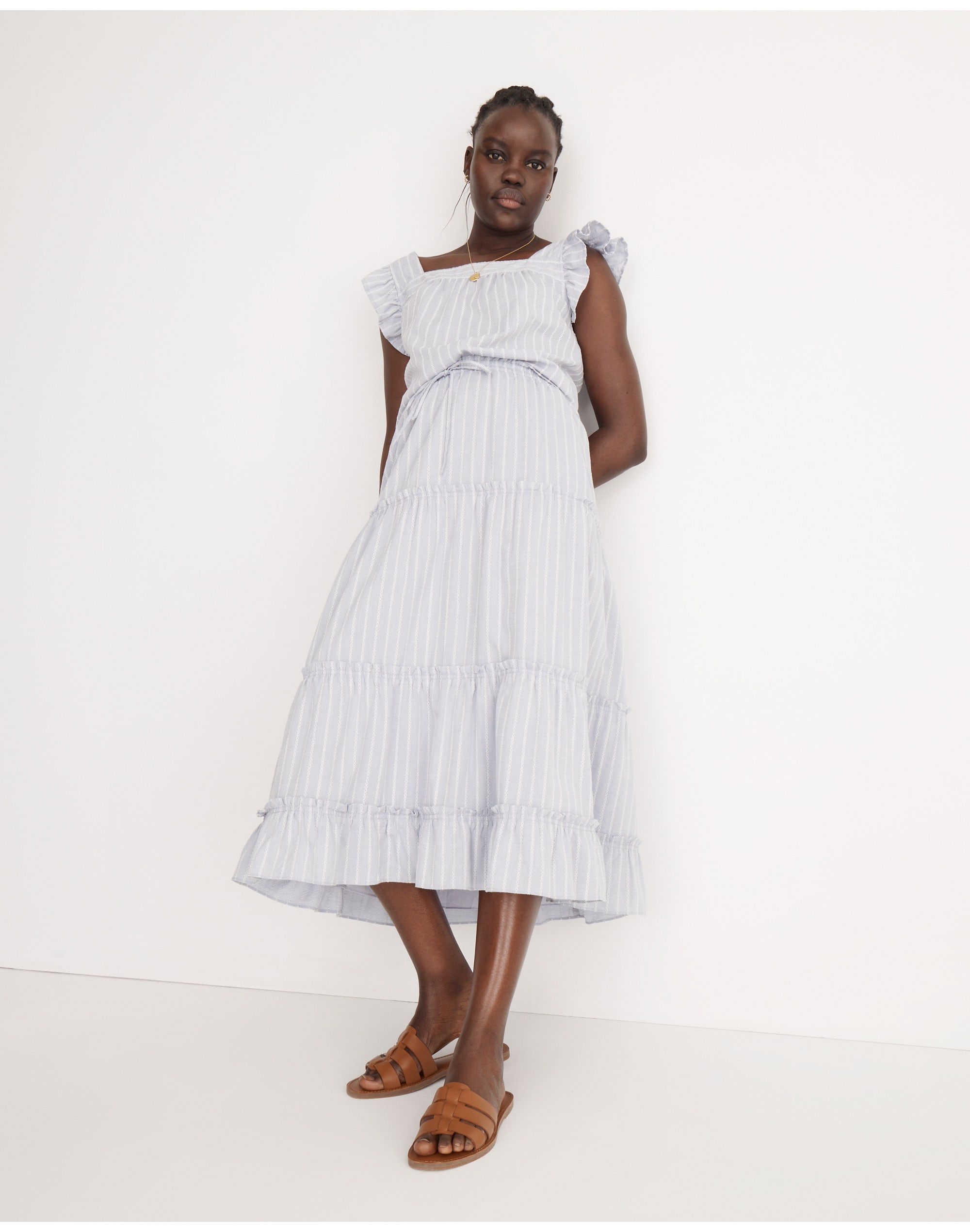 striped pull-on ruffle tiered maxi skirt