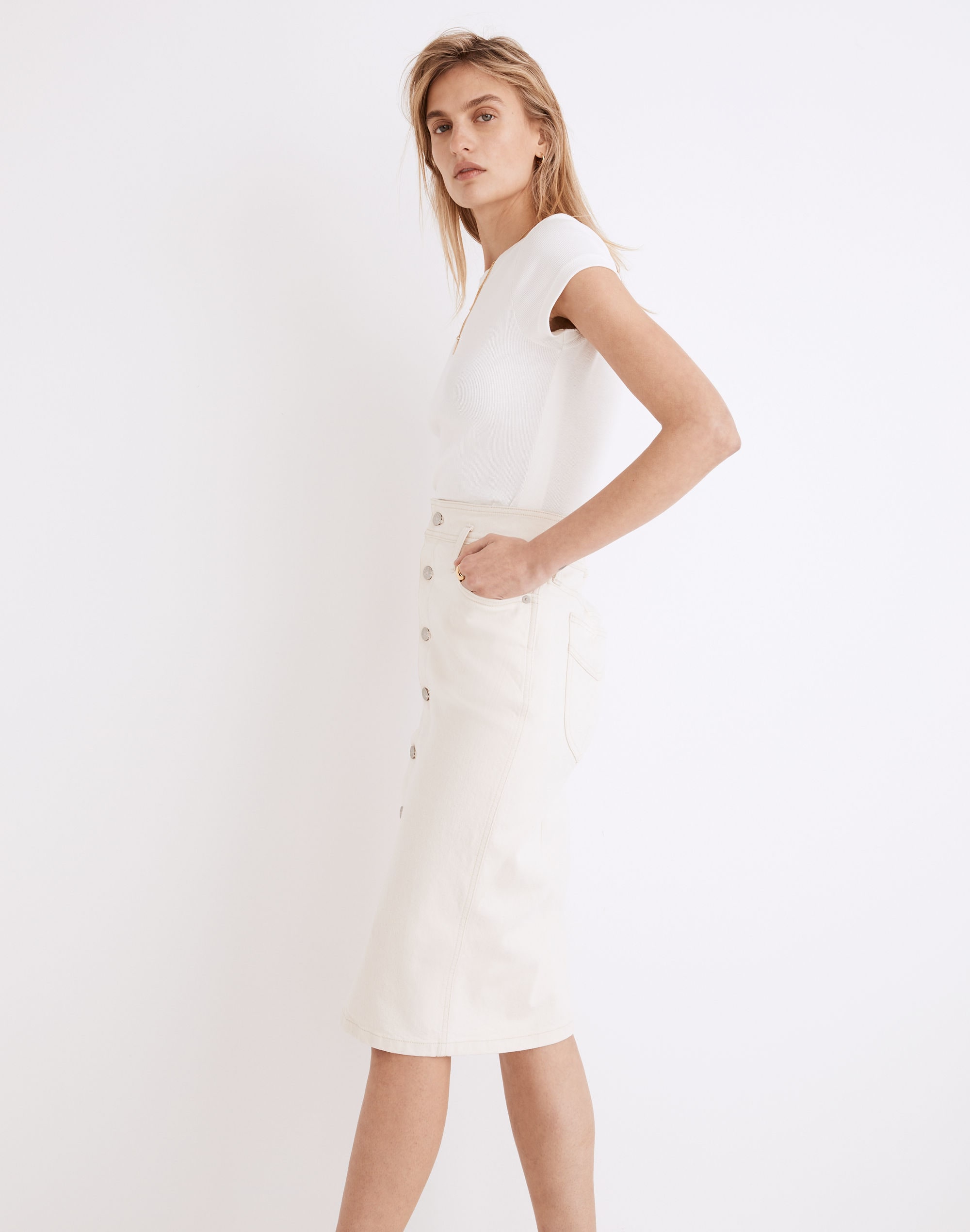 Denim High-Waist Midi Skirt in Vintage Canvas Wash: Western Edition