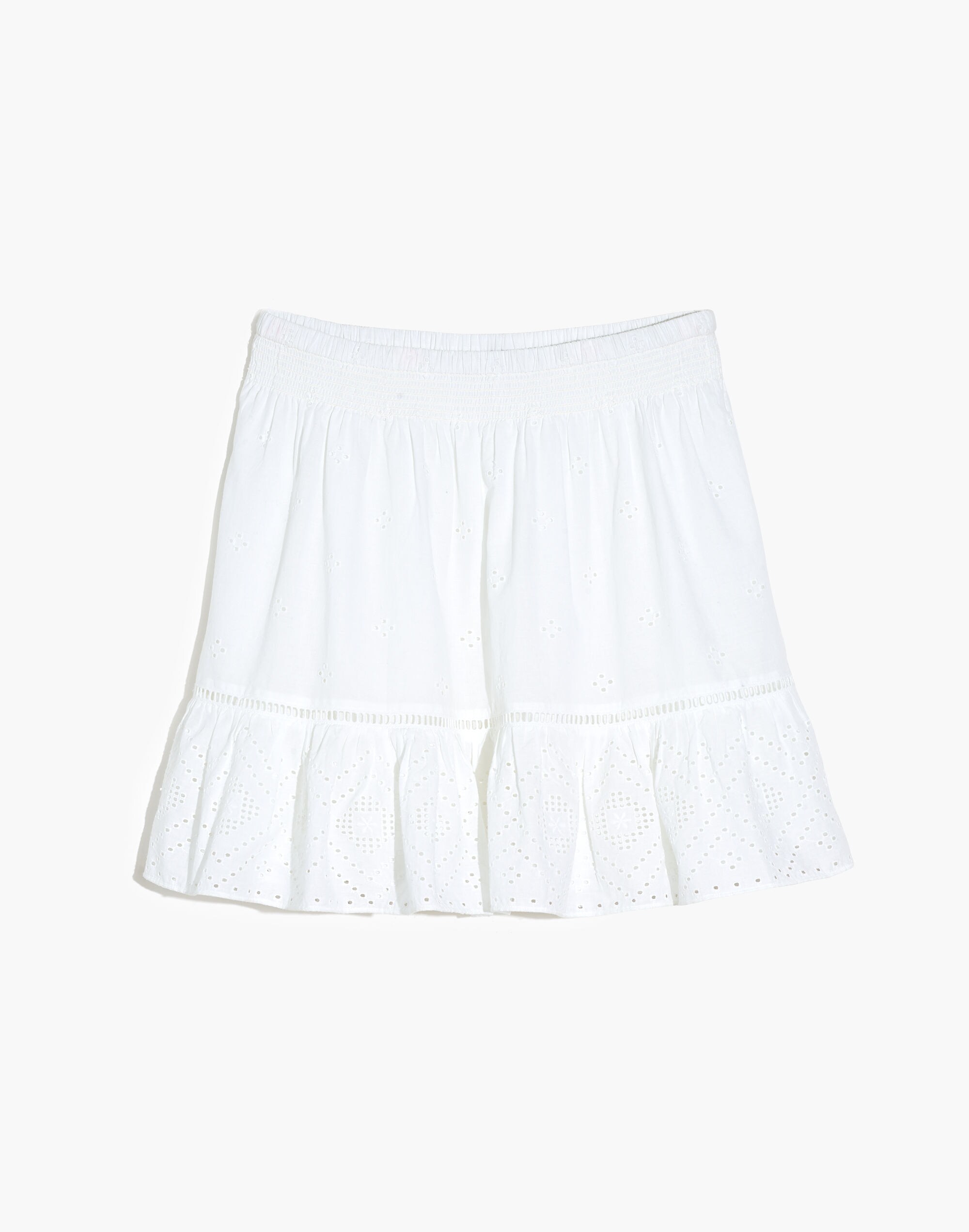 Embroidered Smock-Waist Ruffle Mini Skirt