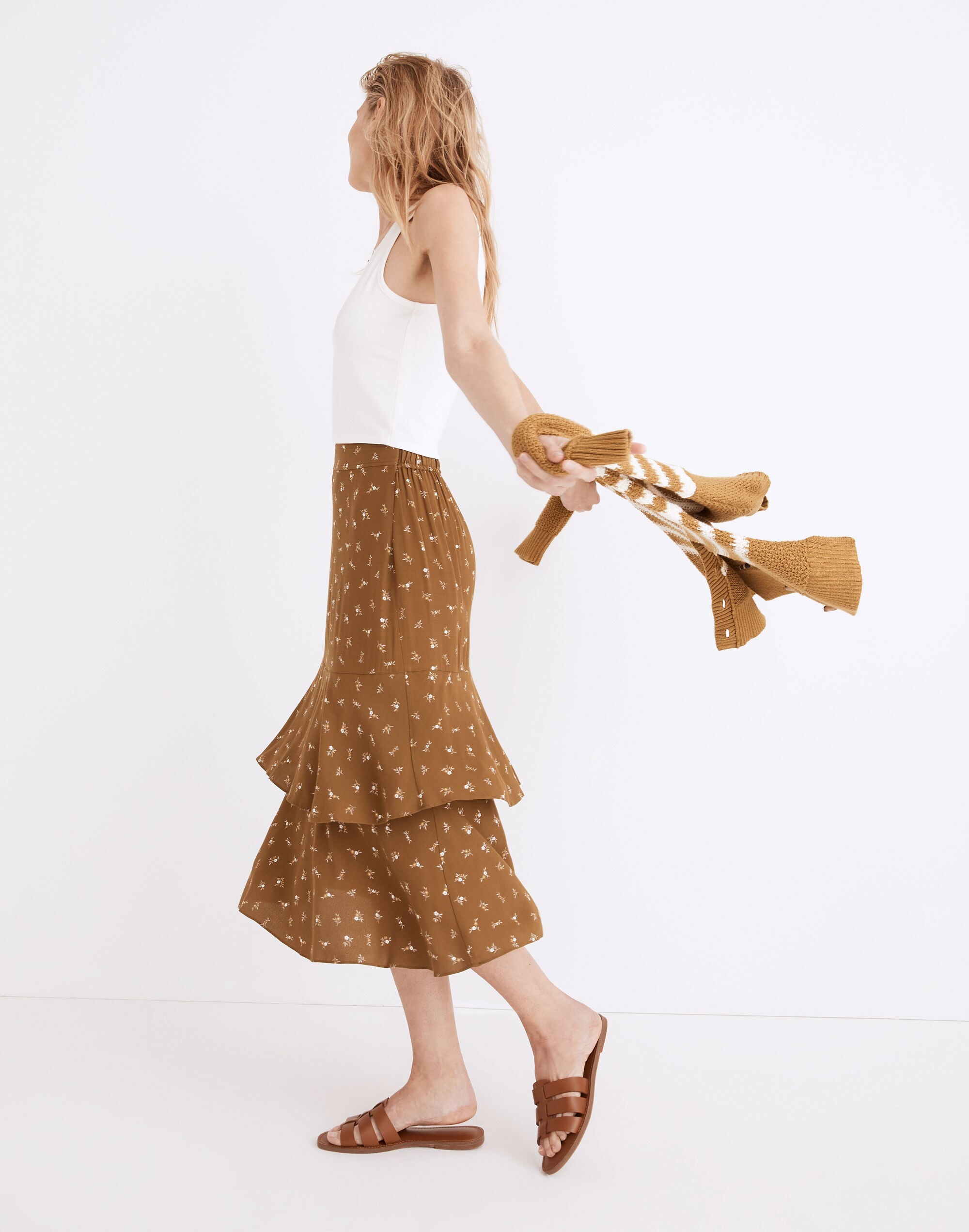 Ruffle Tiered Midi Skirt in Daisy Stitch