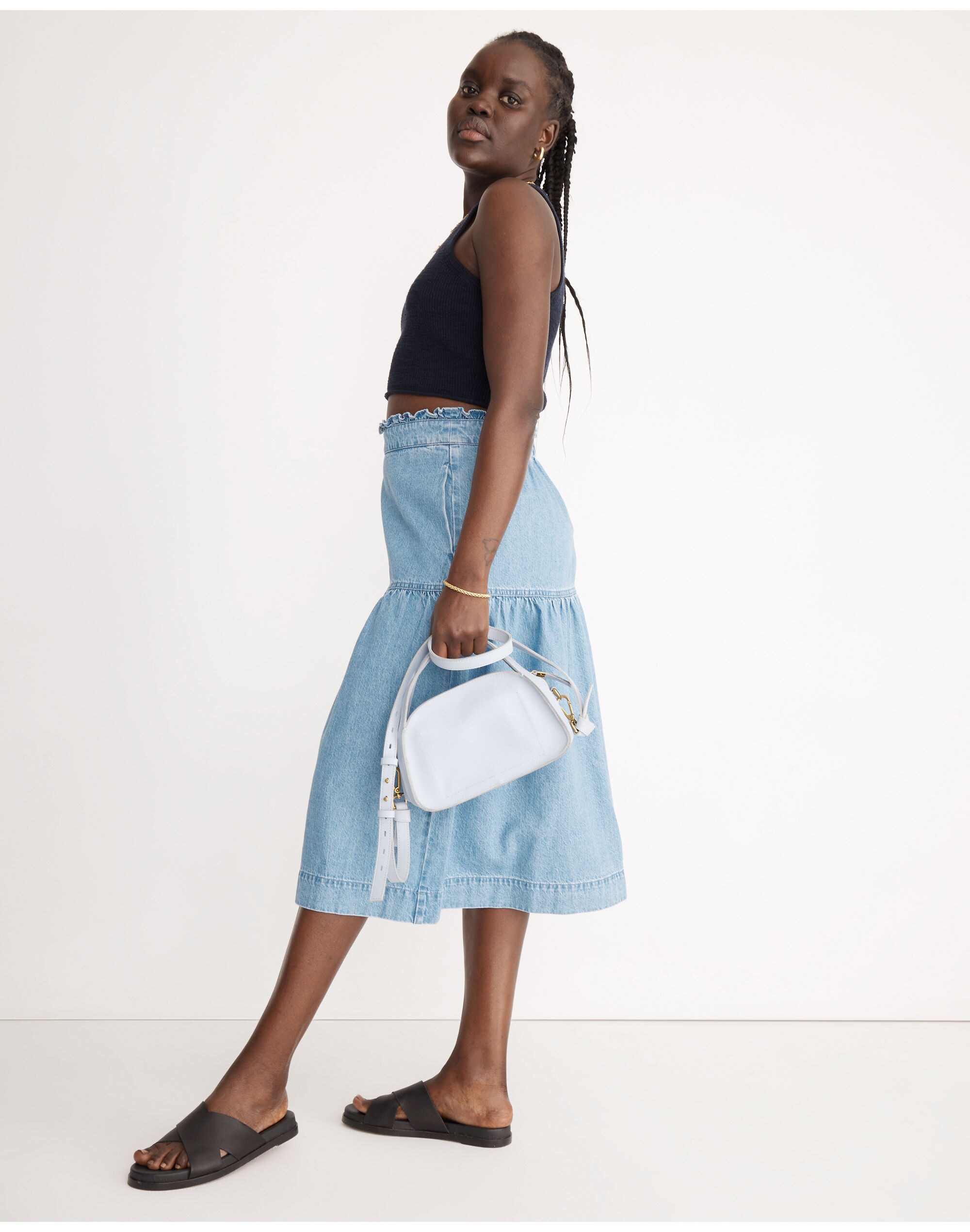 Denim Pull-On Midi Skirt in Normandie Wash
