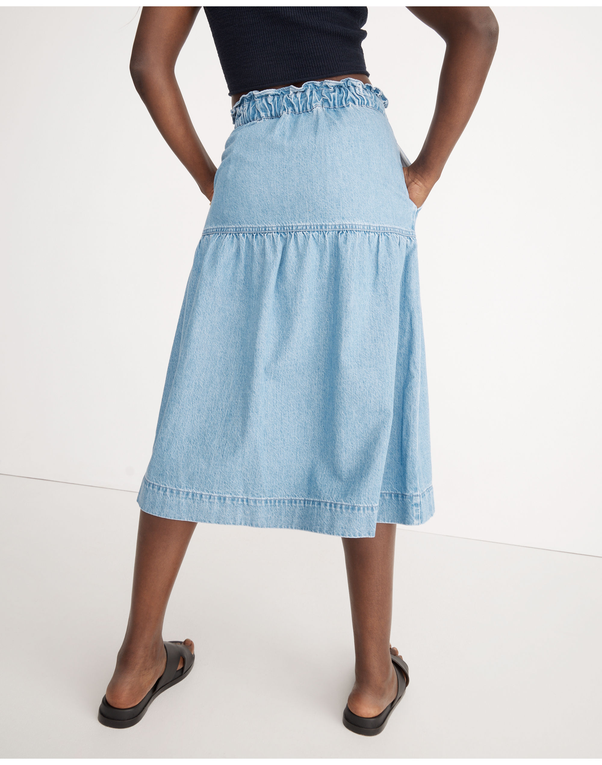 Denim Pull-On Midi Skirt in Normandie Wash