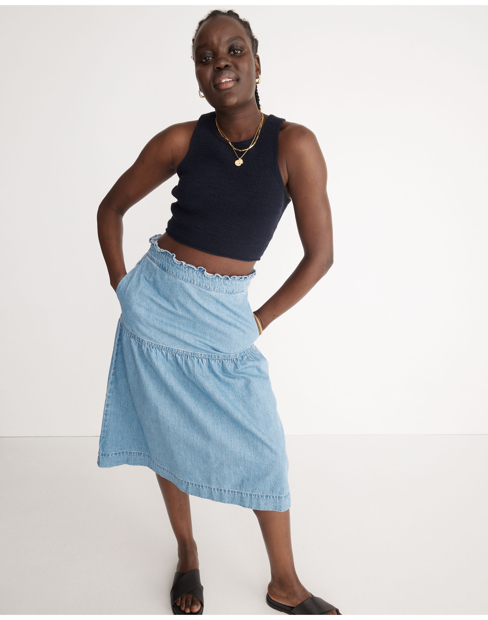 Denim Pull-On Midi Skirt in Normandie Wash