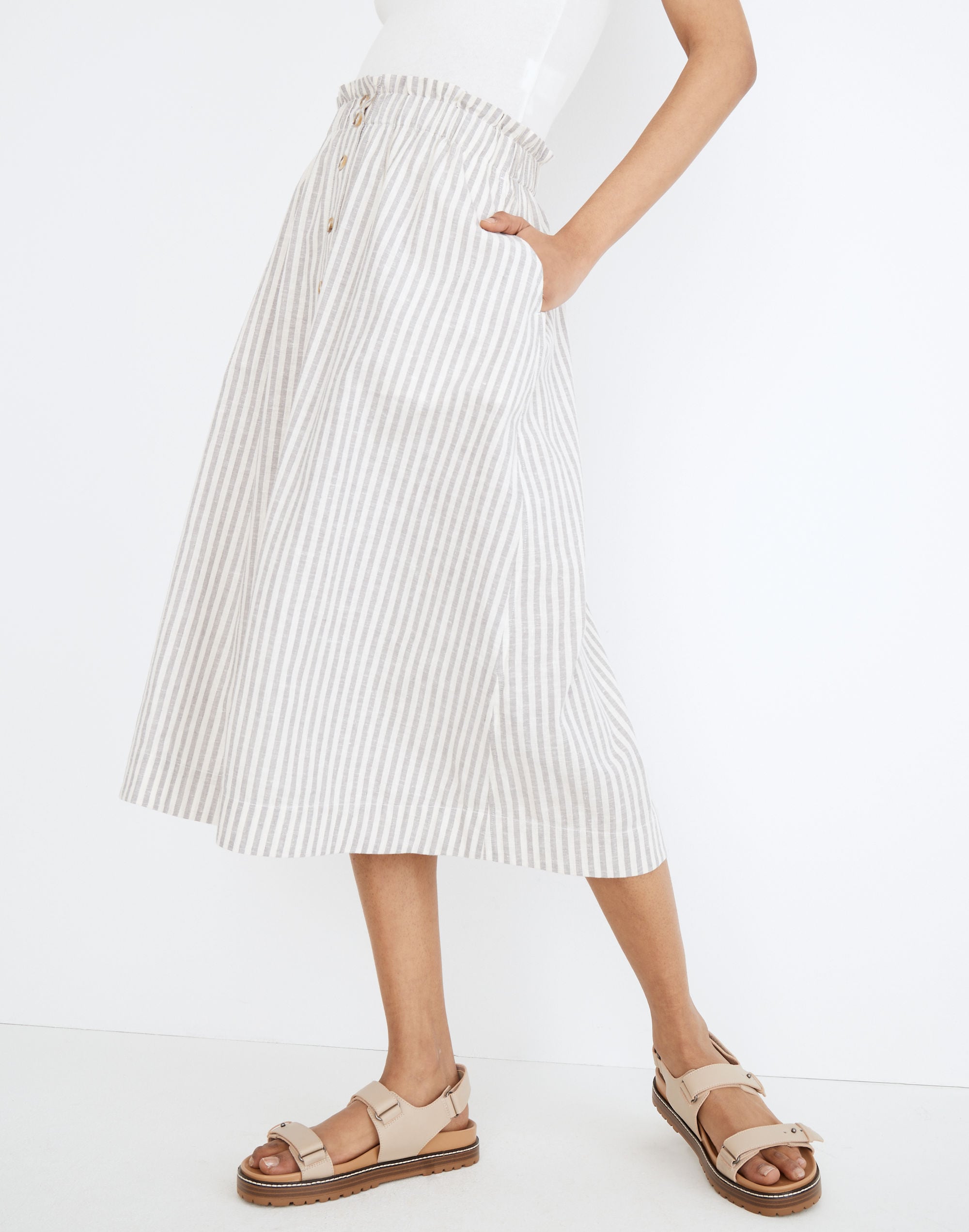 Striped Button-Front Pull-On Midi Skirt