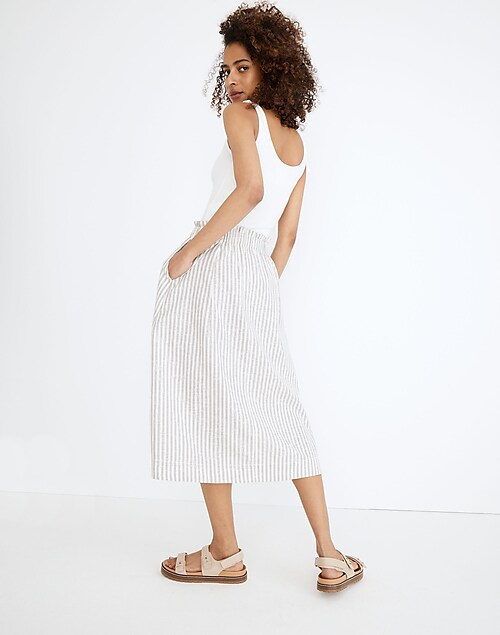 Striped Button-Front Pull-On Midi Skirt
