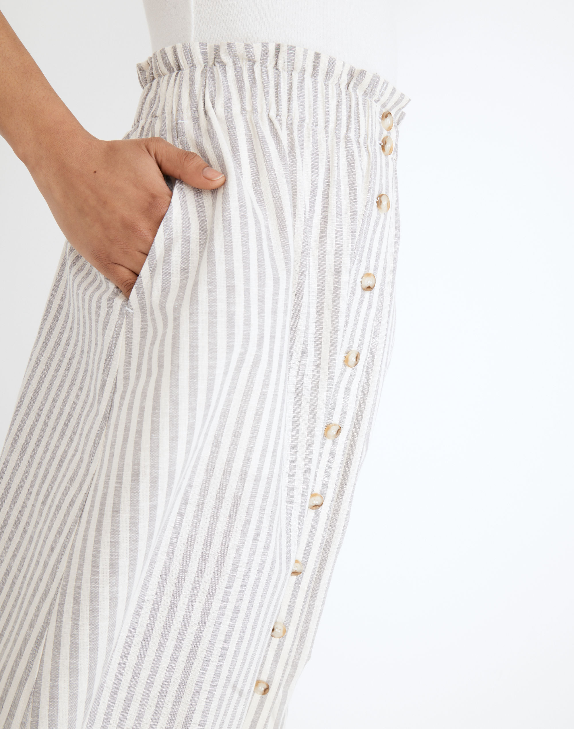 Striped Button-Front Pull-On Midi Skirt