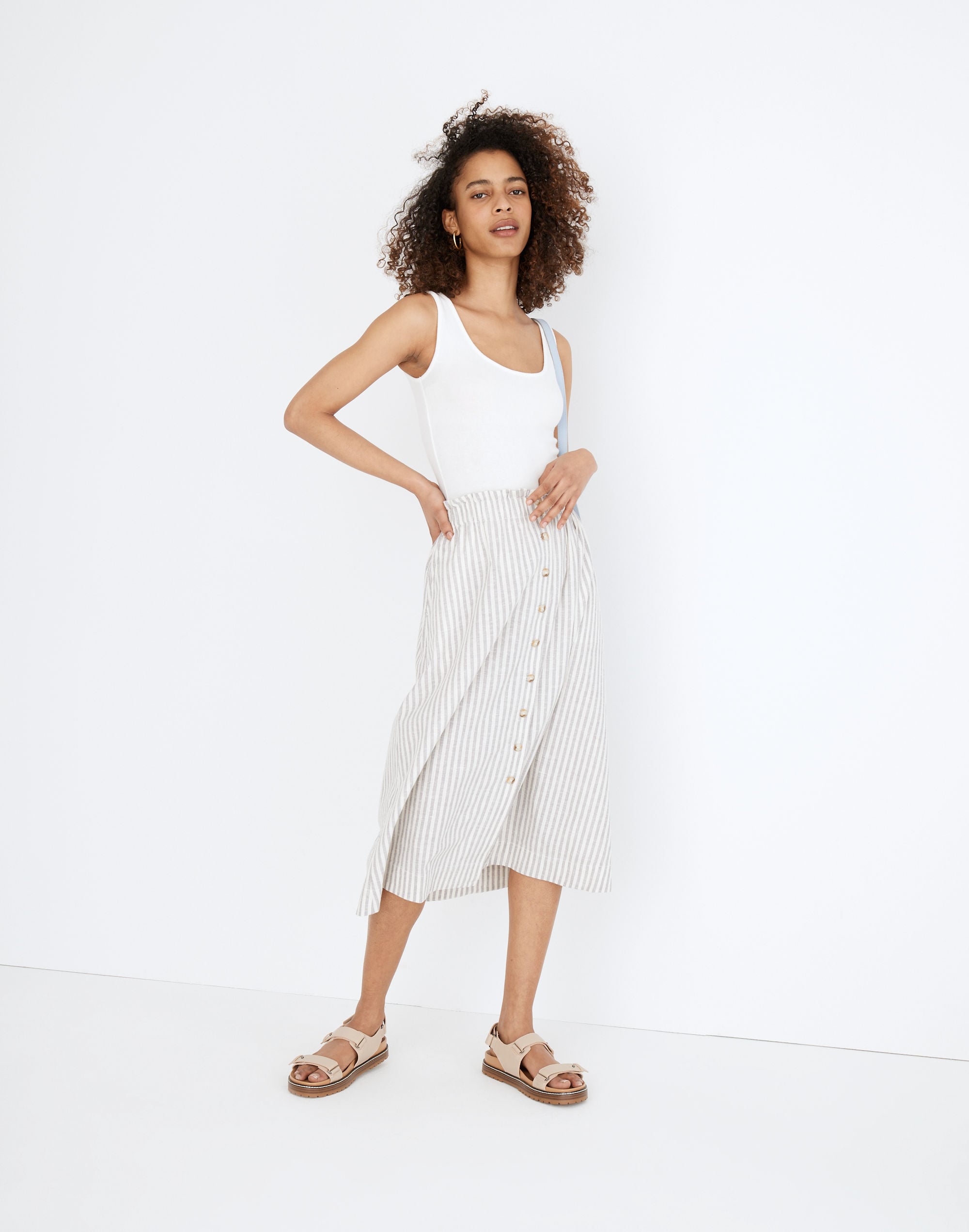 Striped Button-Front Pull-On Midi Skirt