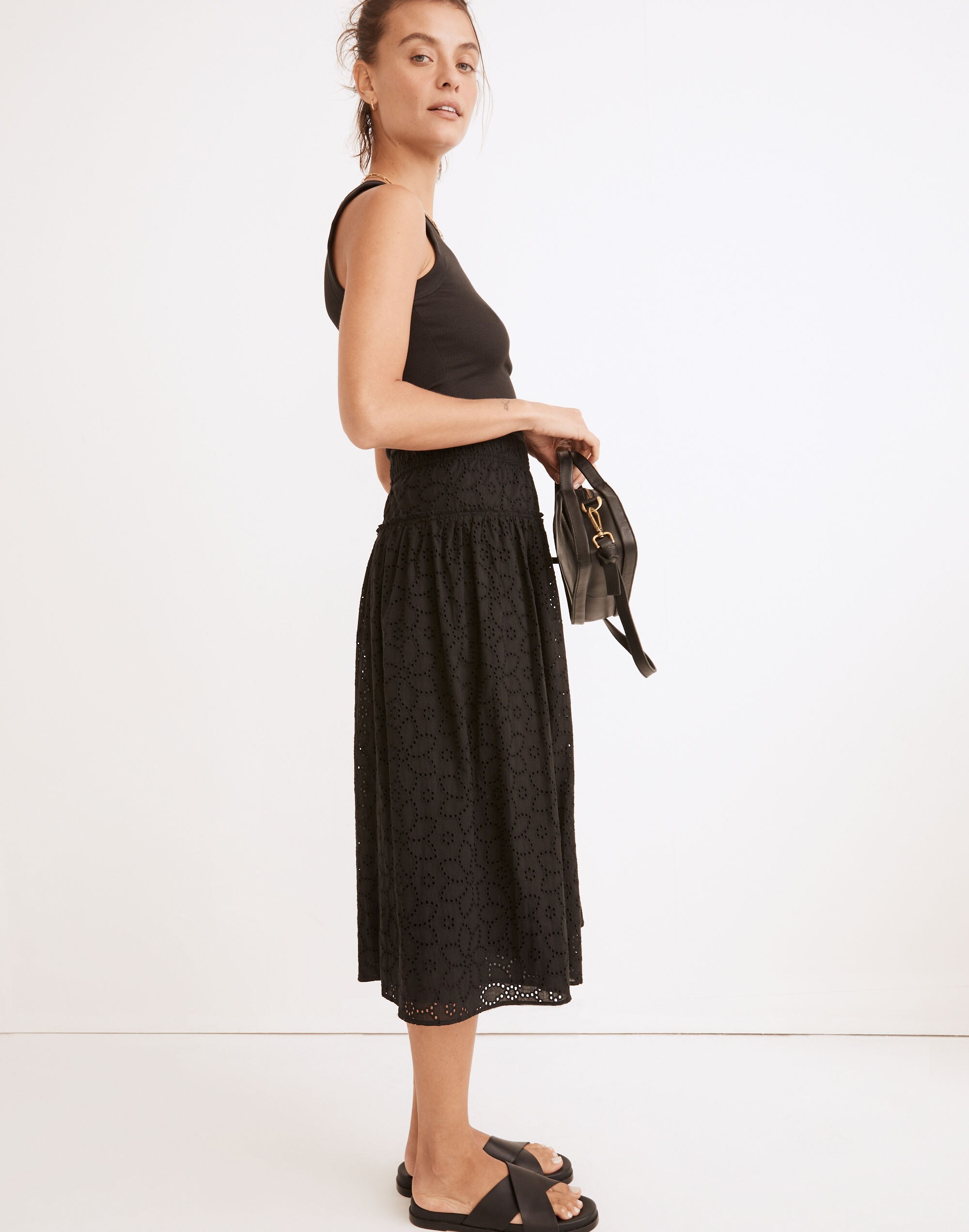 Eyelet Pull-On Midi Skirt