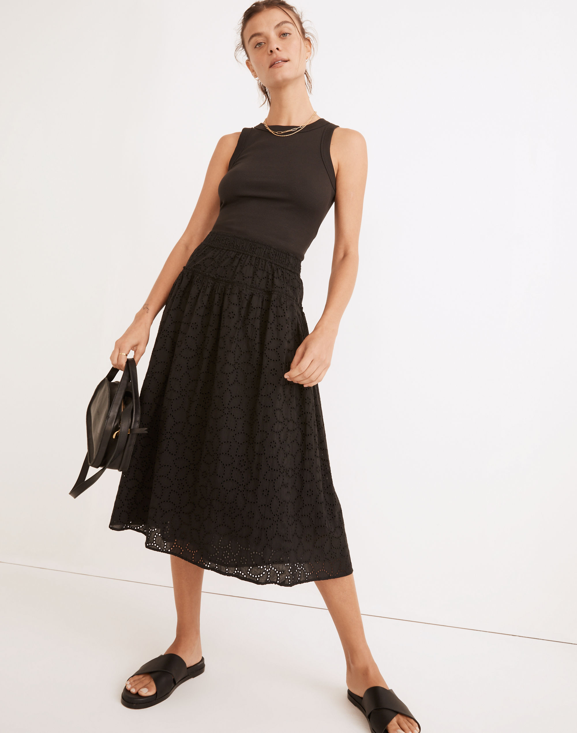 eyelet pull-on midi skirt