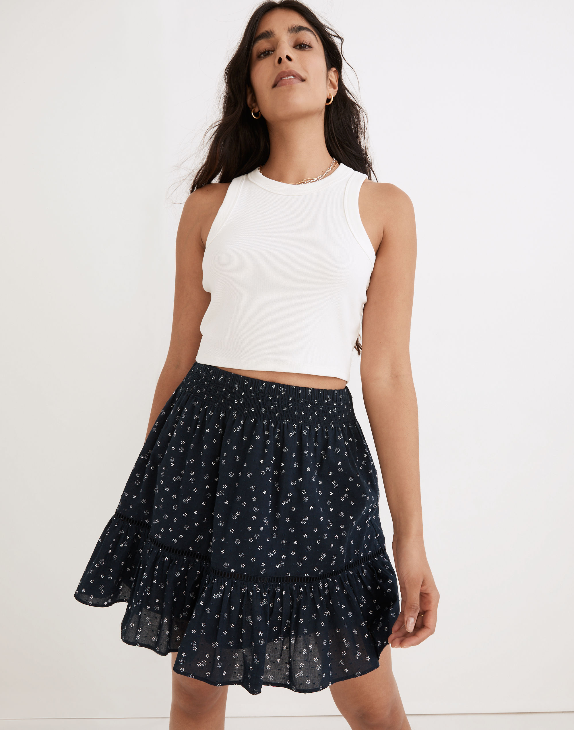smock-waist ruffle mini skirt in bandana flower
