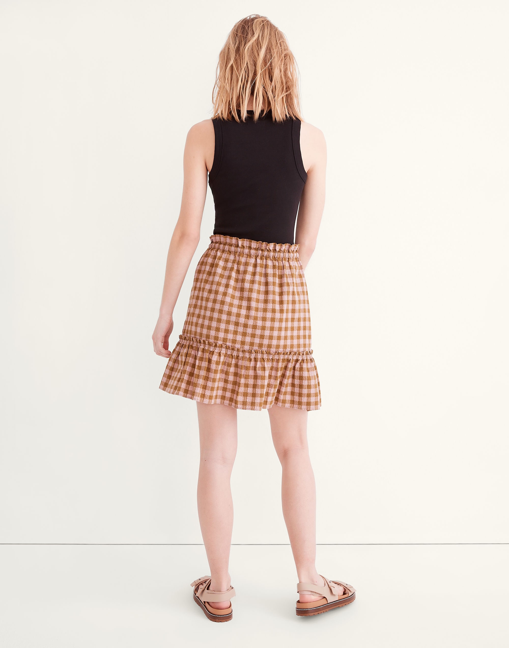 Pull-On Ruffle Tiered Mini Skirt in Gingham Seersucker