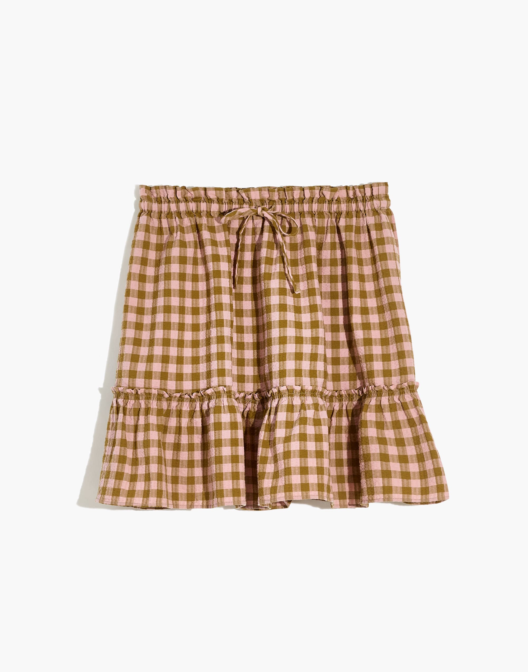 Pull-On Ruffle Tiered Mini Skirt in Gingham Seersucker
