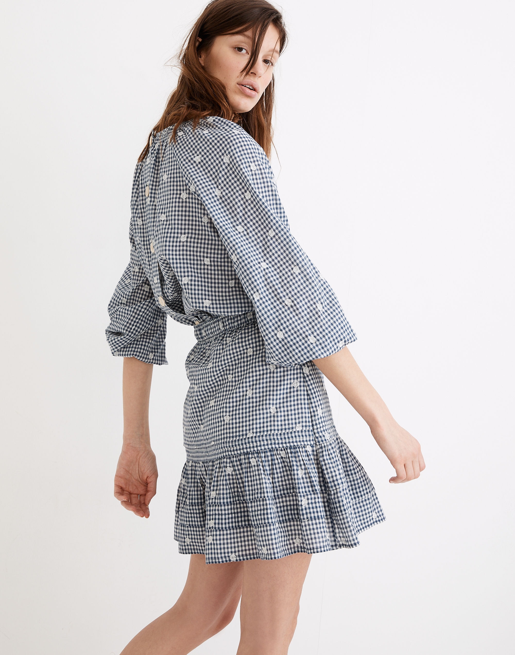 Embroidered Tiered Pull-On Mini Skirt in Gingham Check