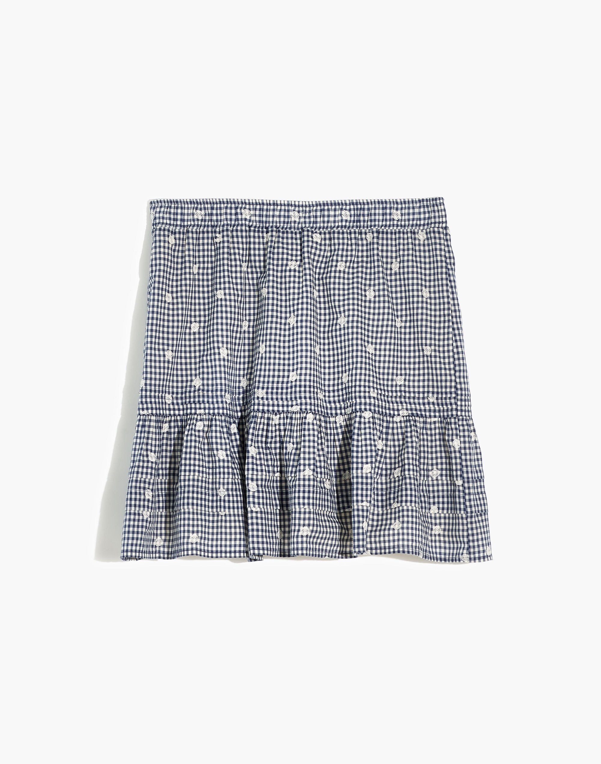 Embroidered Tiered Pull-On Mini Skirt in Gingham Check