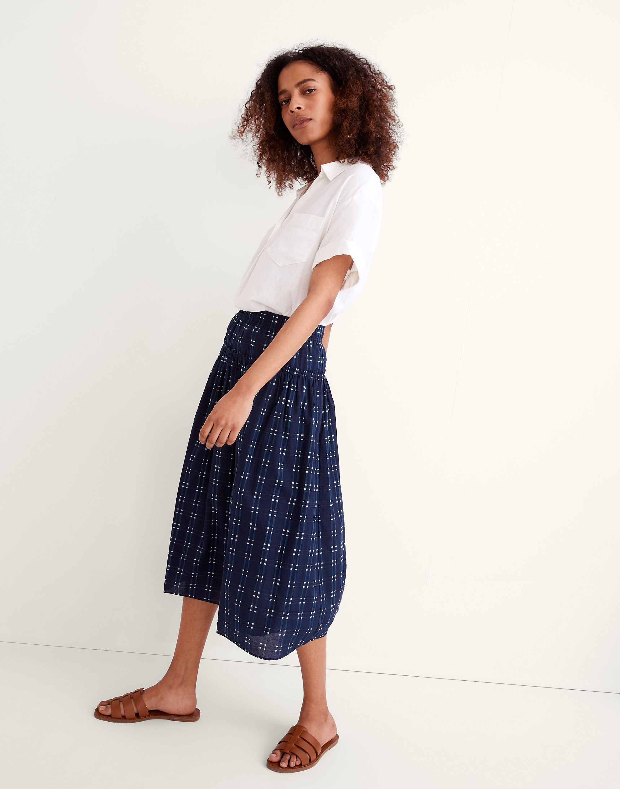 Pull-On Midi Skirt in Shibori Indigo Plaid in null image 2
