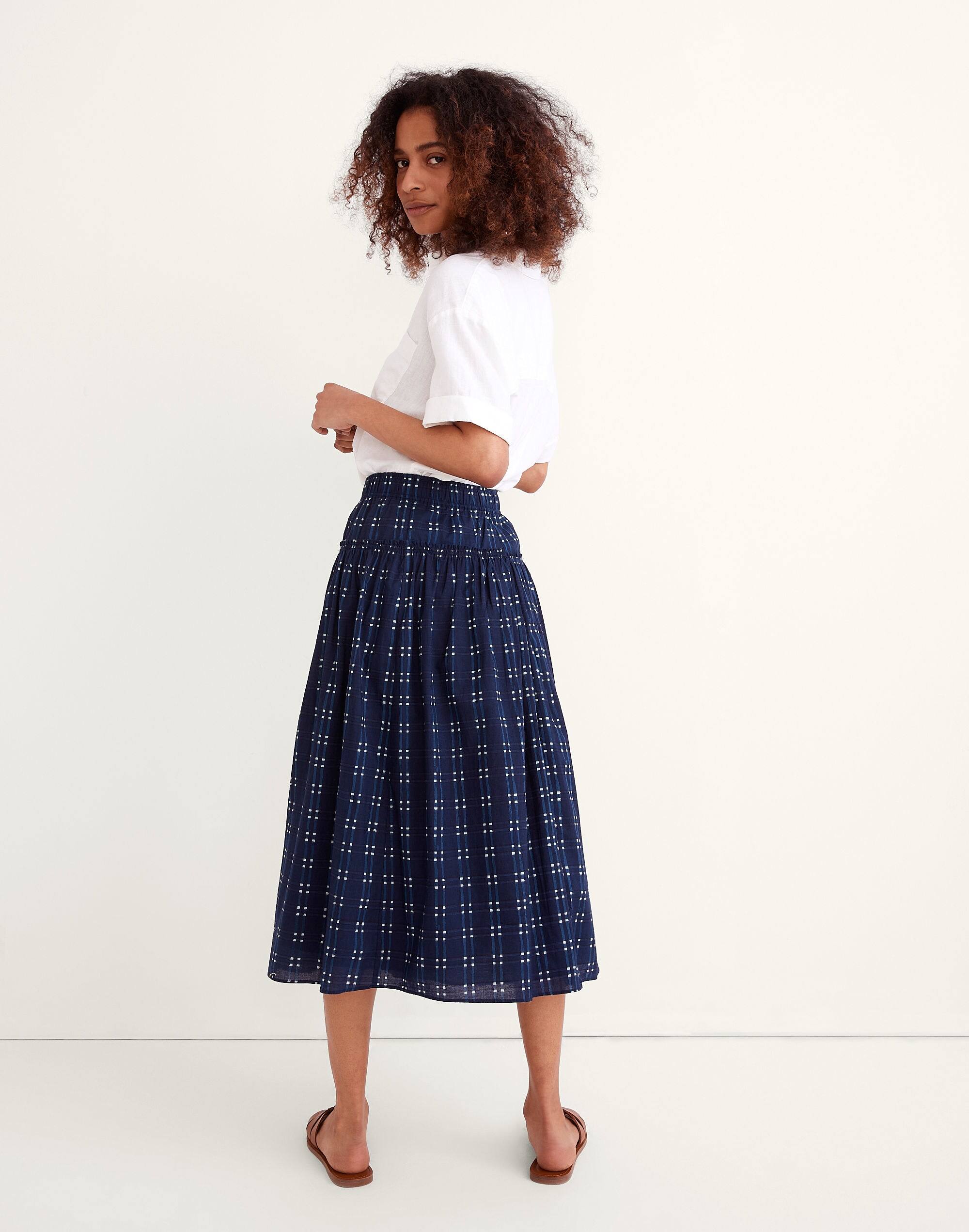 Pull-On Midi Skirt in Shibori Indigo Plaid in null image 3