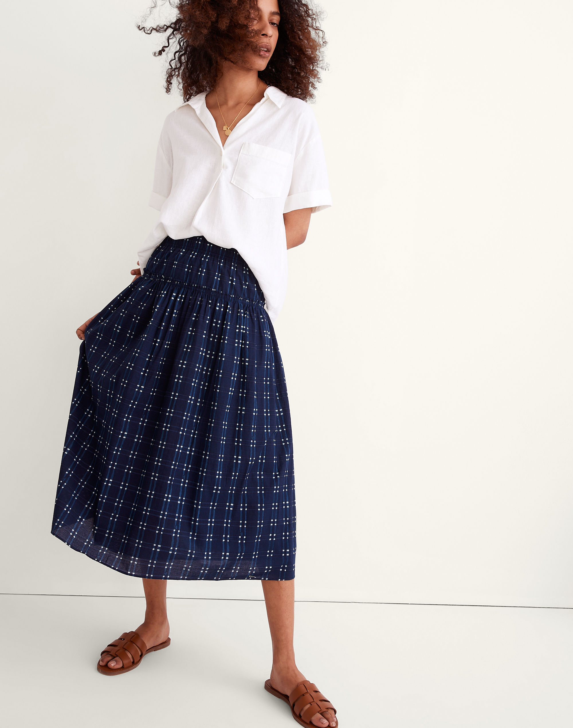 pull-on midi skirt in shibori indigo plaid