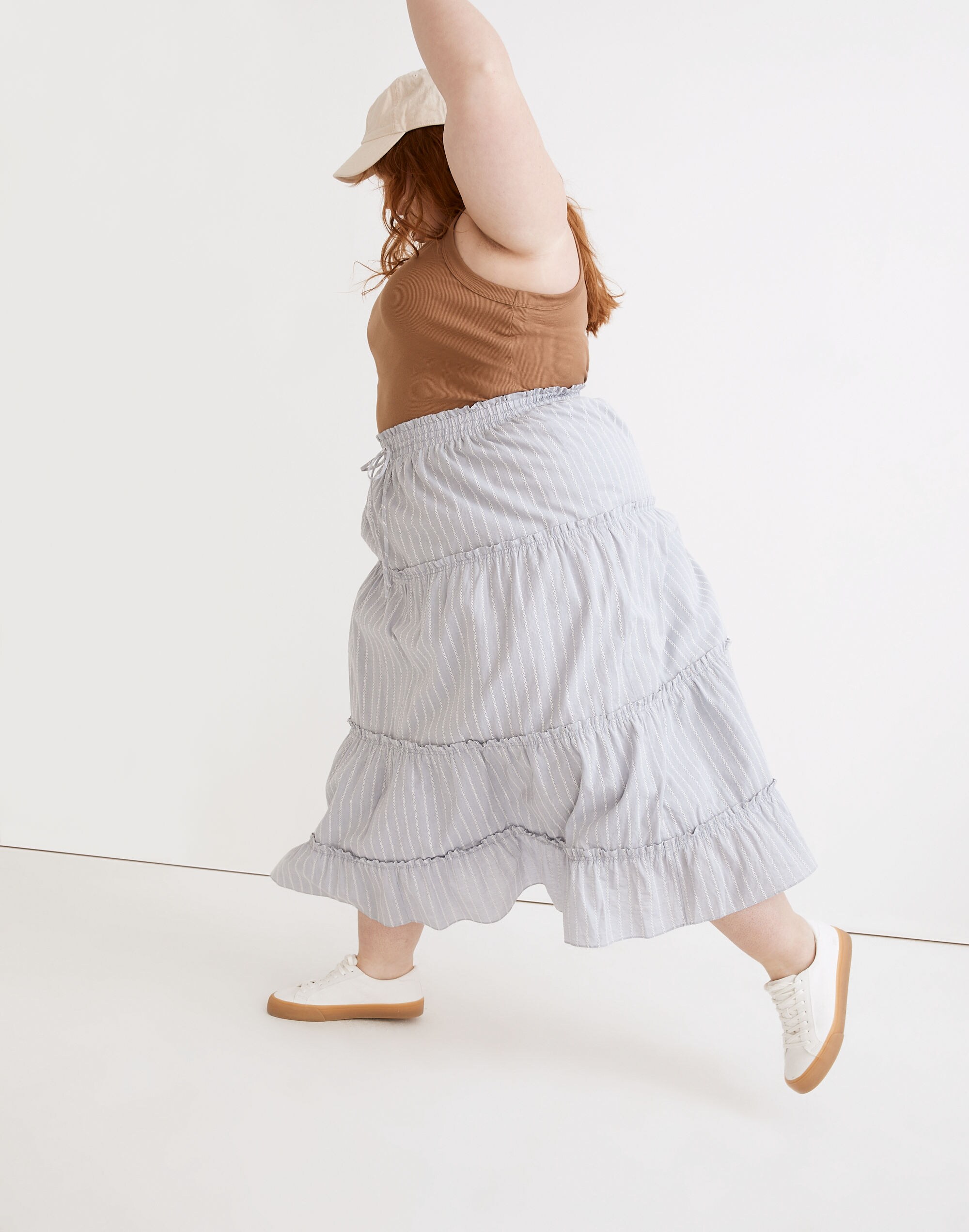 Plus Striped Pull-On Ruffle Tiered Maxi Skirt