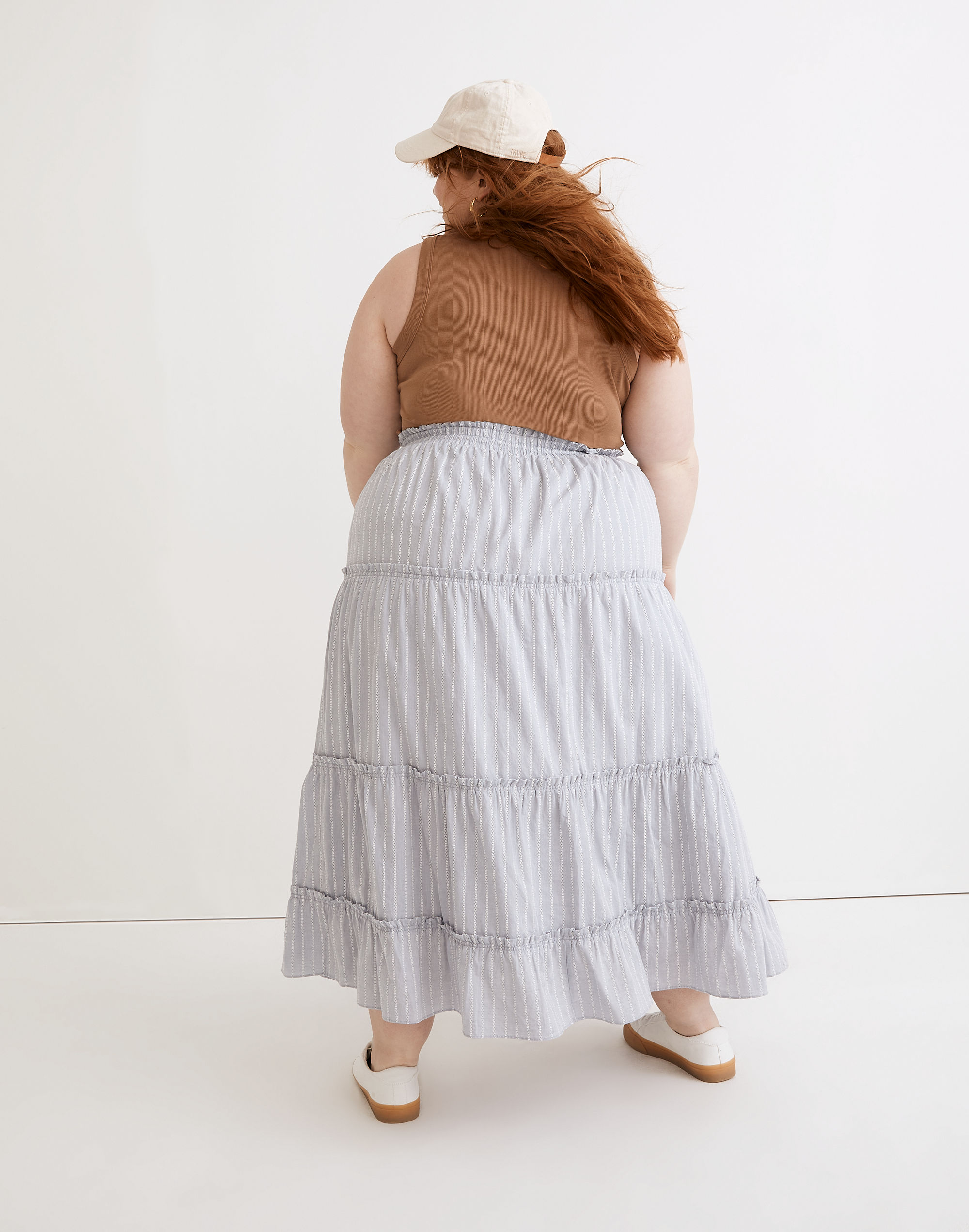 Plus Striped Pull-On Ruffle Tiered Maxi Skirt