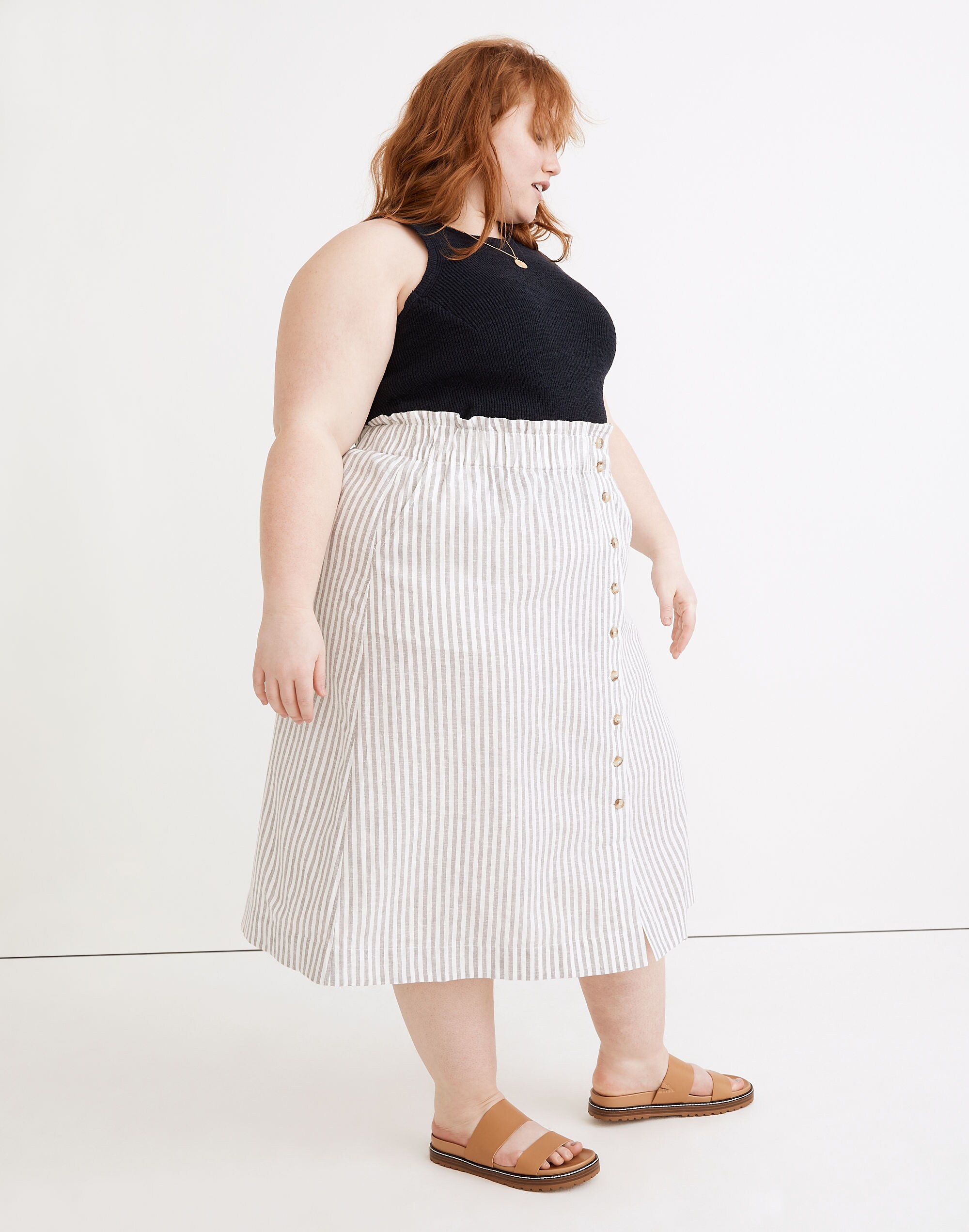 Plus Striped Button-Front Pull-On Midi Skirt