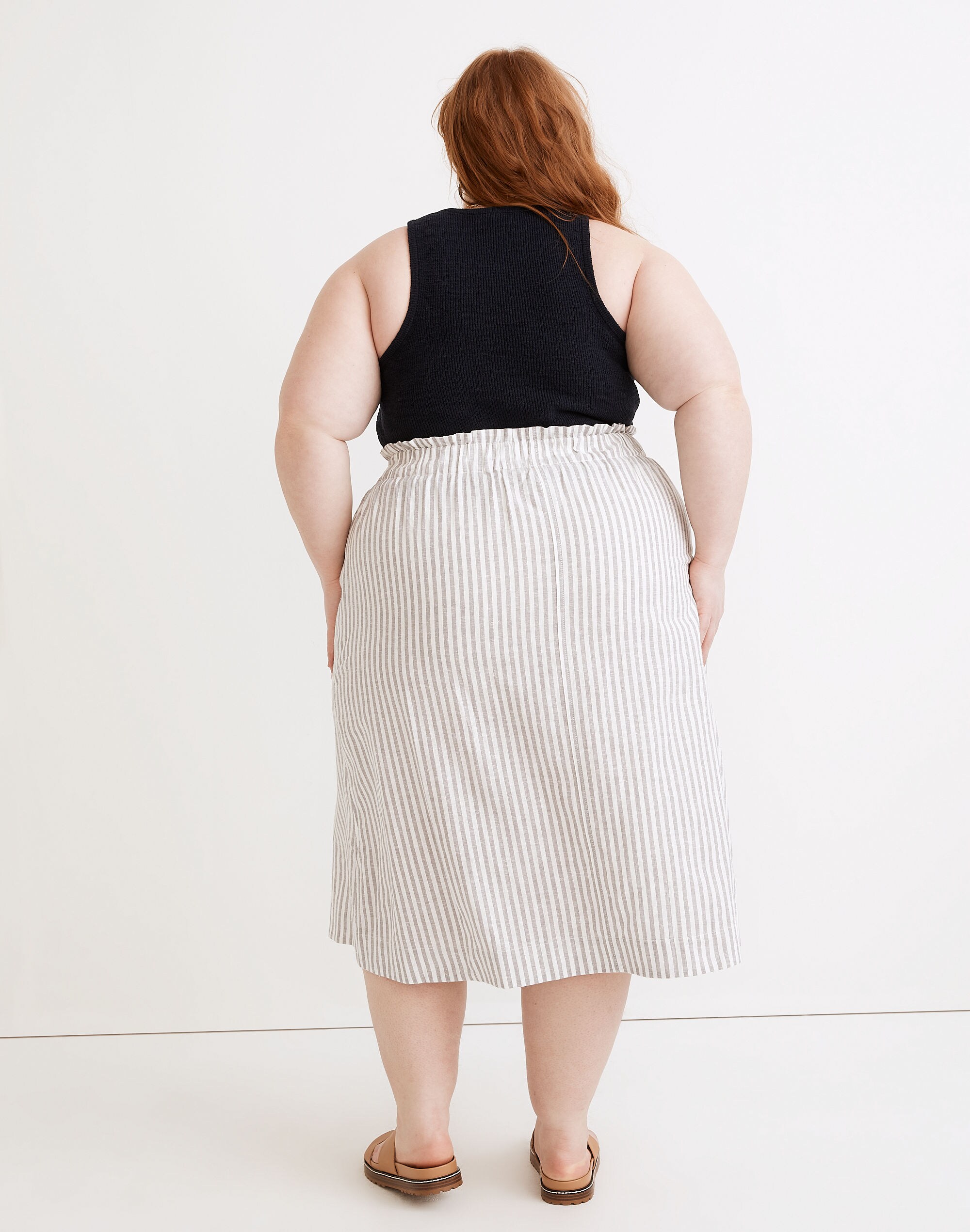 Plus Striped Button-Front Pull-On Midi Skirt