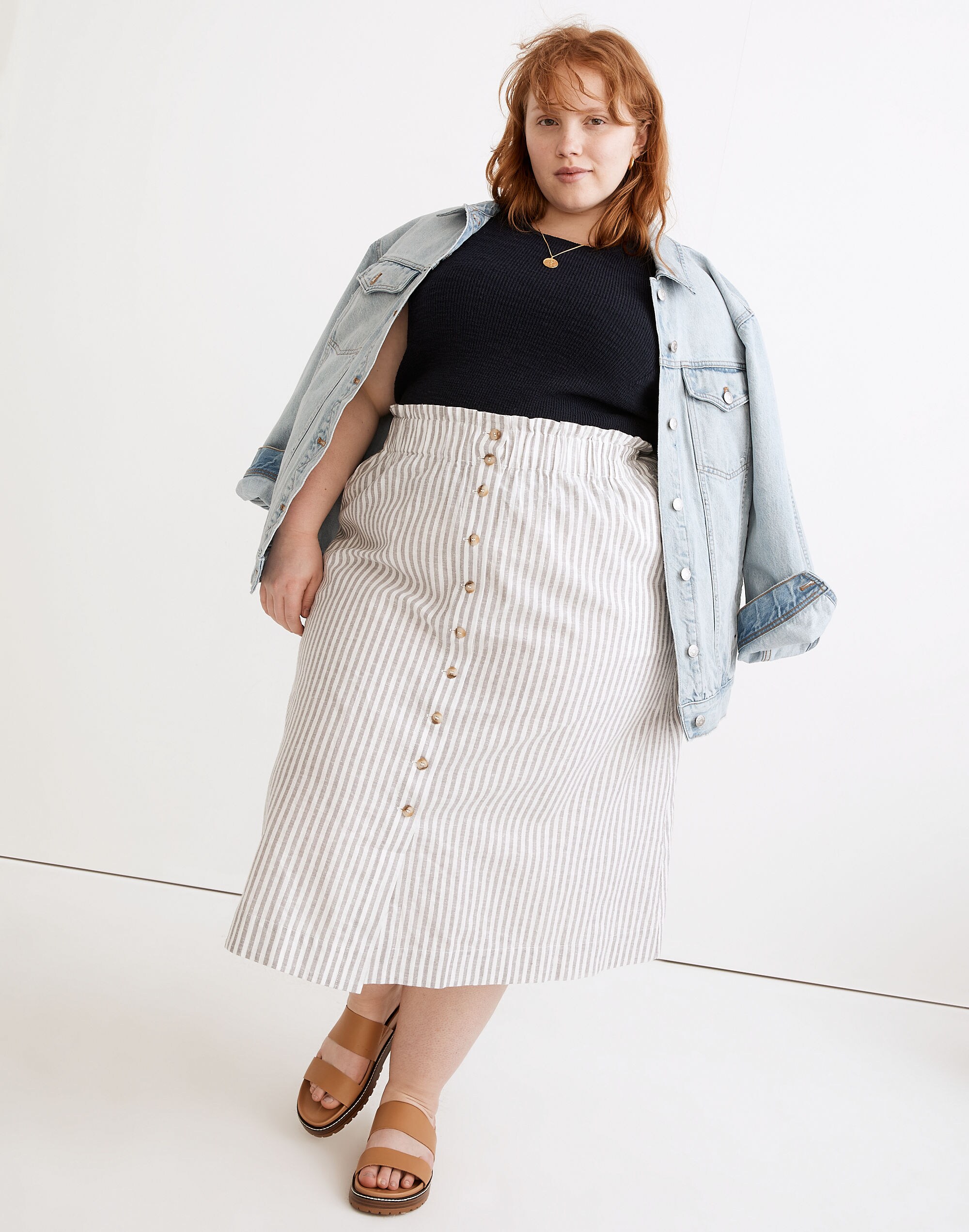 Plus Striped Button-Front Pull-On Midi Skirt