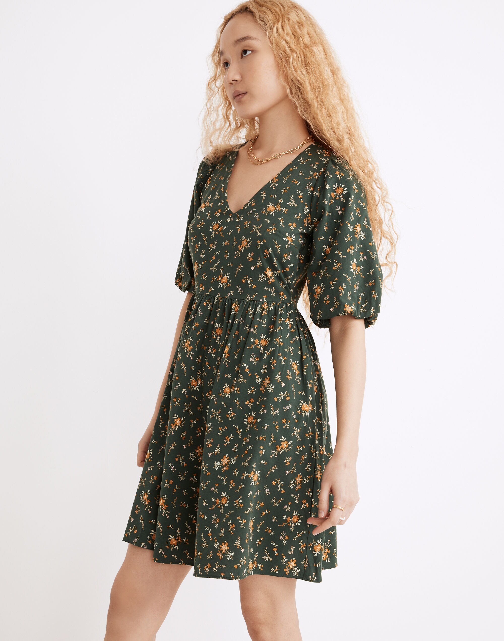 Poplin V-Neck Bubble-Sleeve Mini Dress in Fresh Sprigs