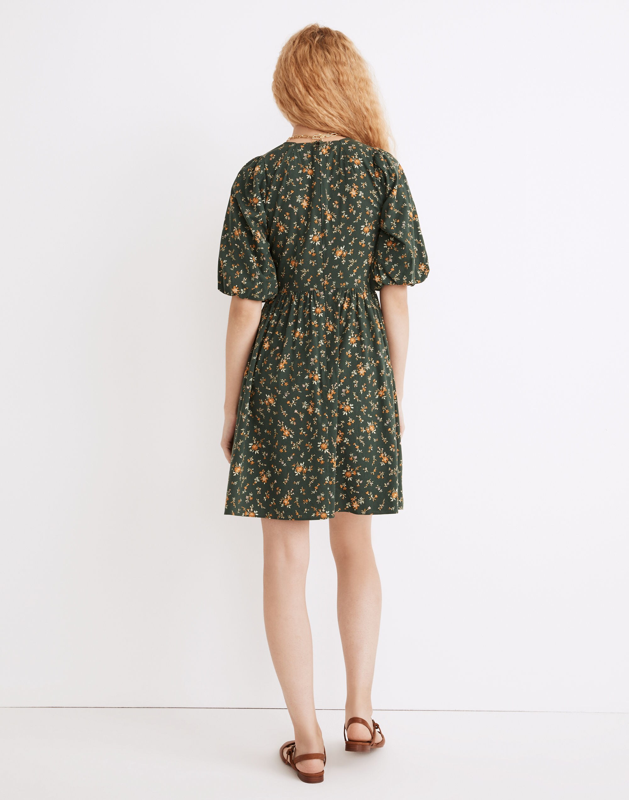 Poplin V-Neck Bubble-Sleeve Mini Dress in Fresh Sprigs