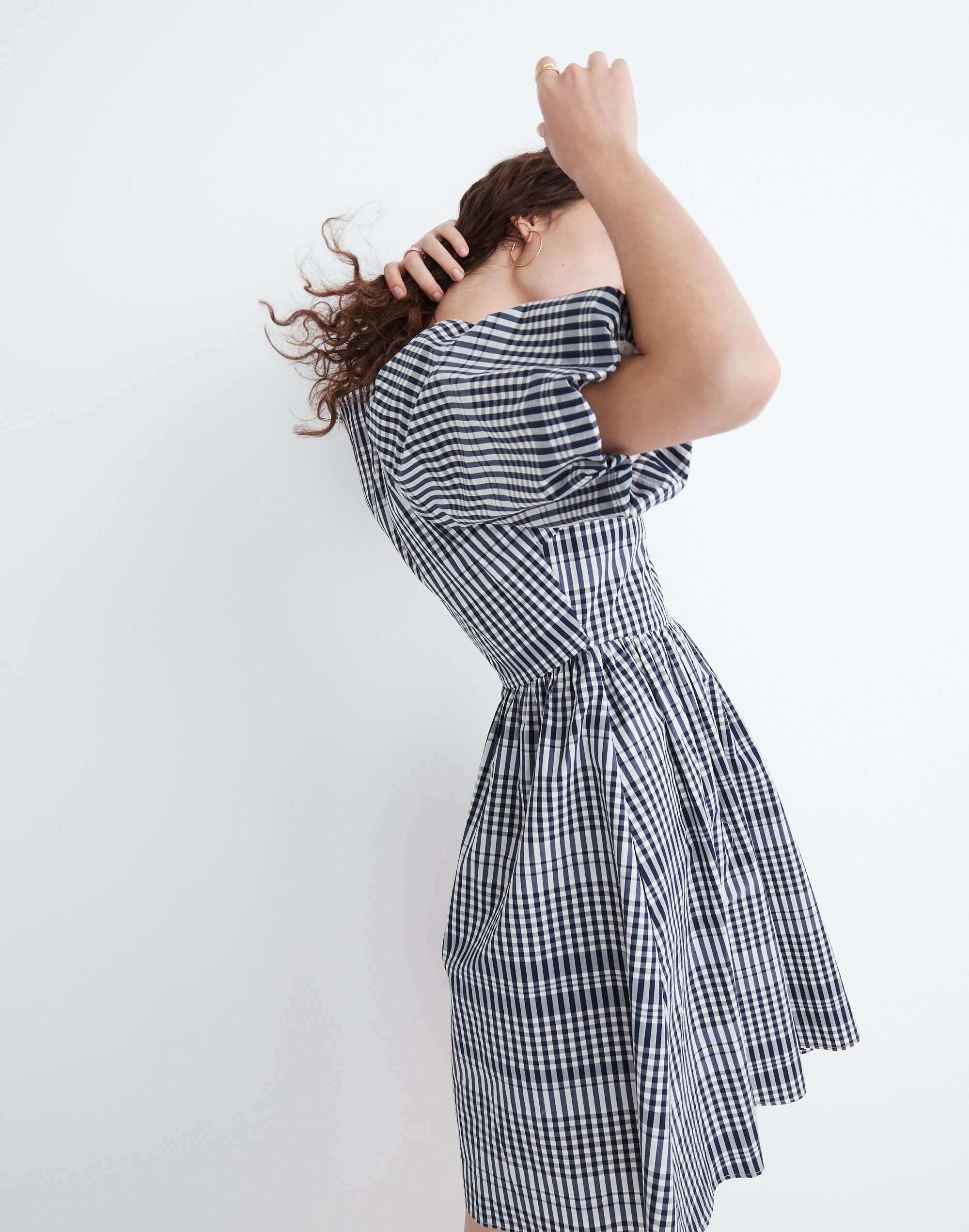 Poplin V-Neck Bubble-Sleeve Mini Dress in Plaid