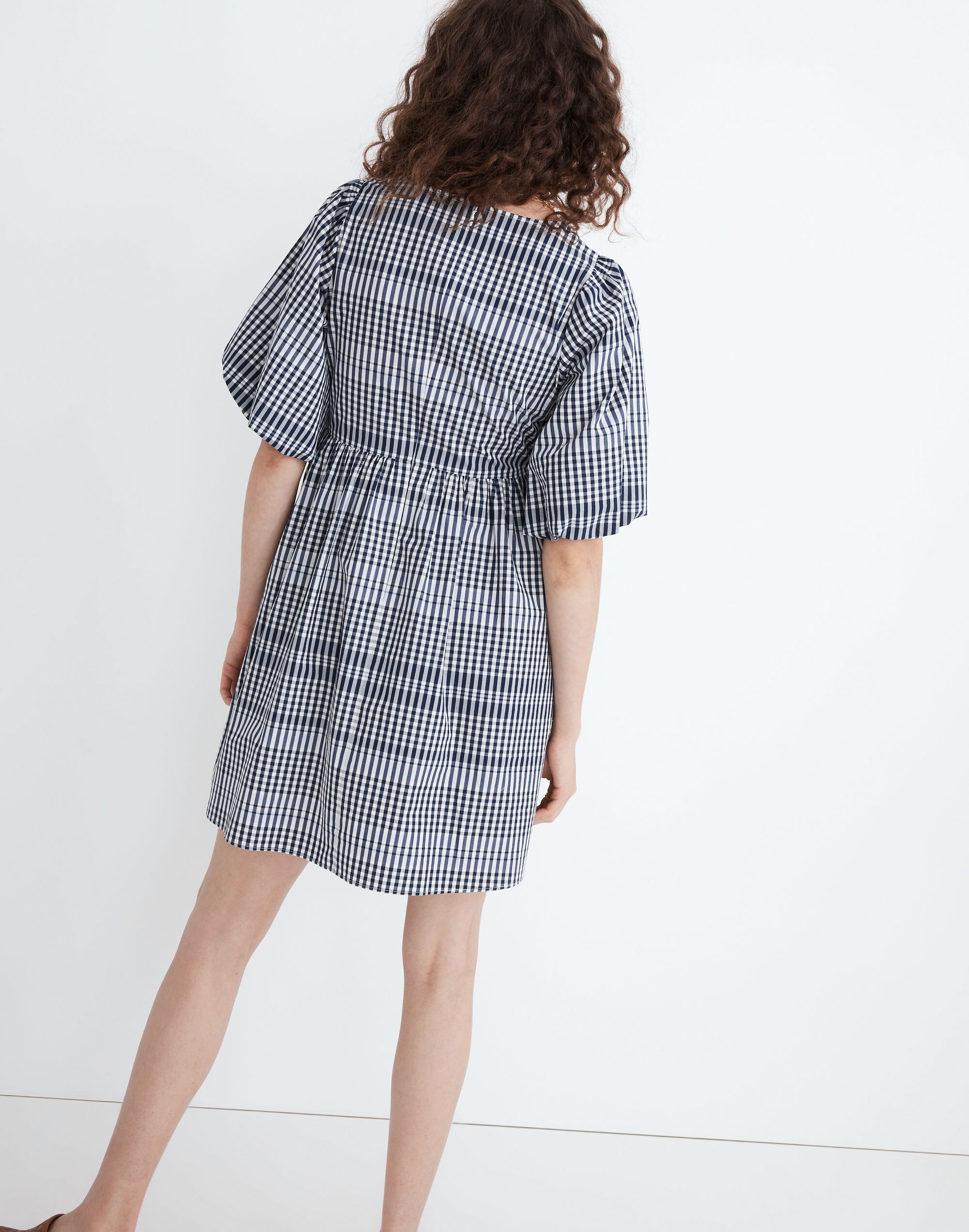 Poplin V-Neck Bubble-Sleeve Mini Dress in Plaid