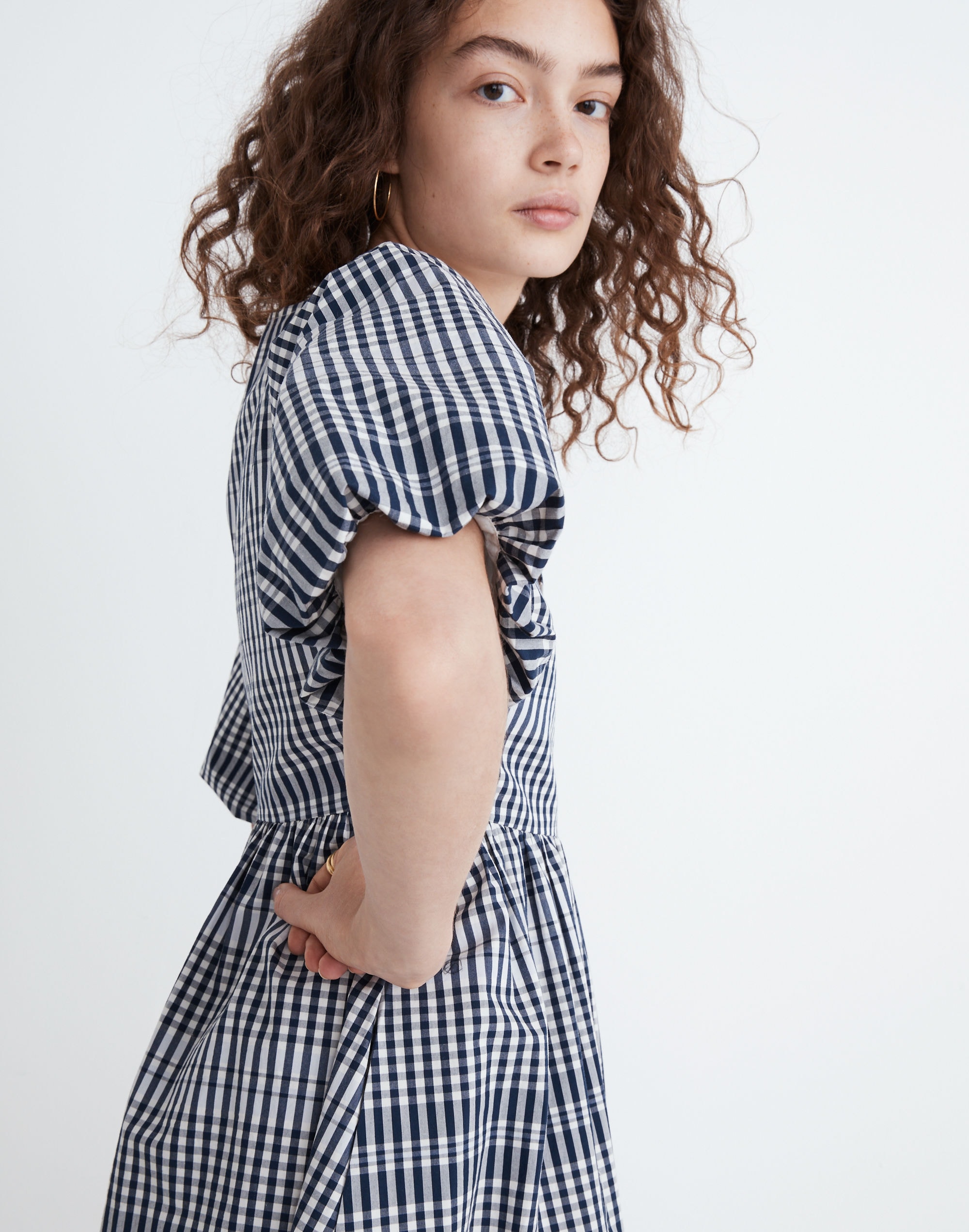 Poplin V-Neck Bubble-Sleeve Mini Dress in Plaid