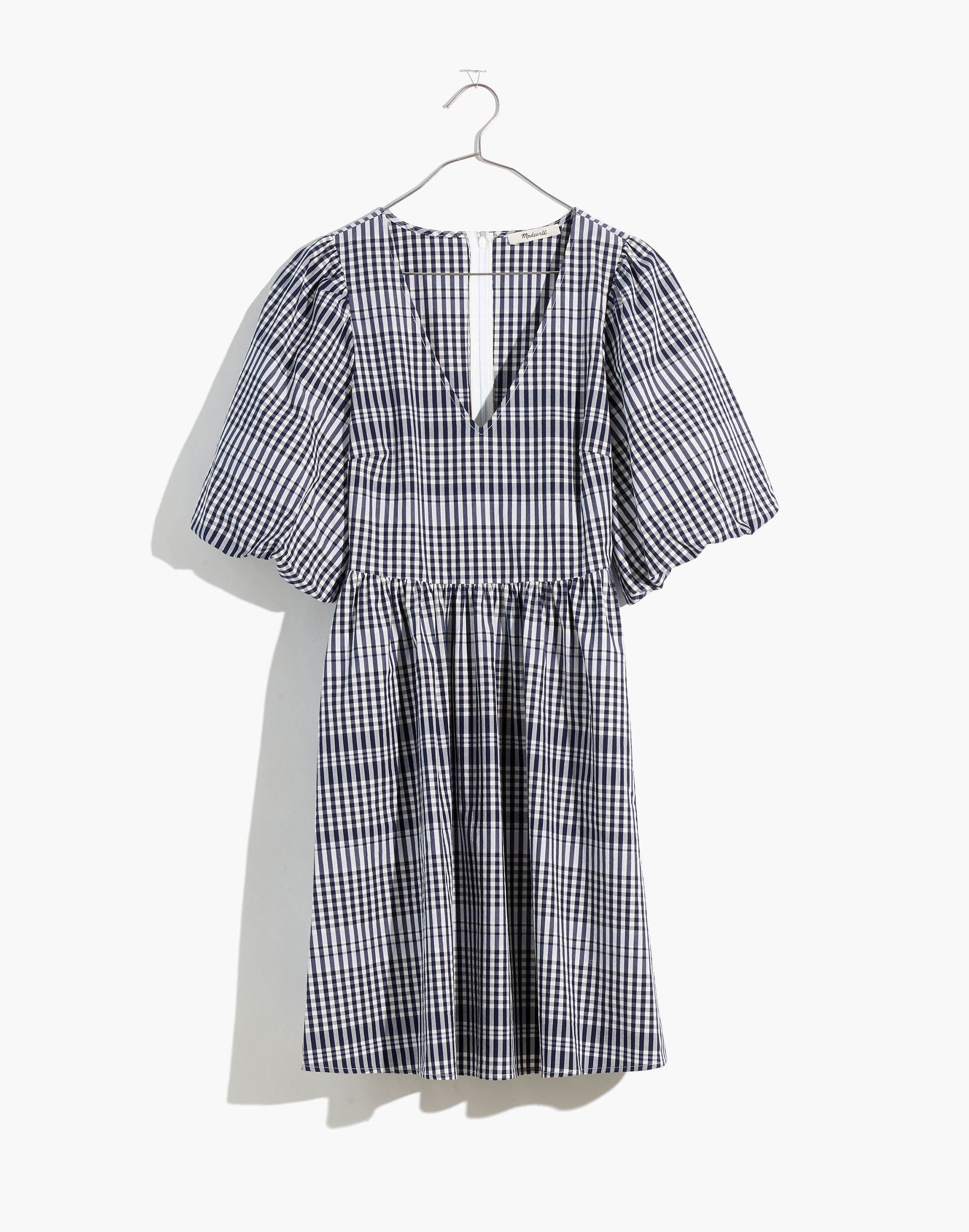 Poplin V-Neck Bubble-Sleeve Mini Dress in Plaid