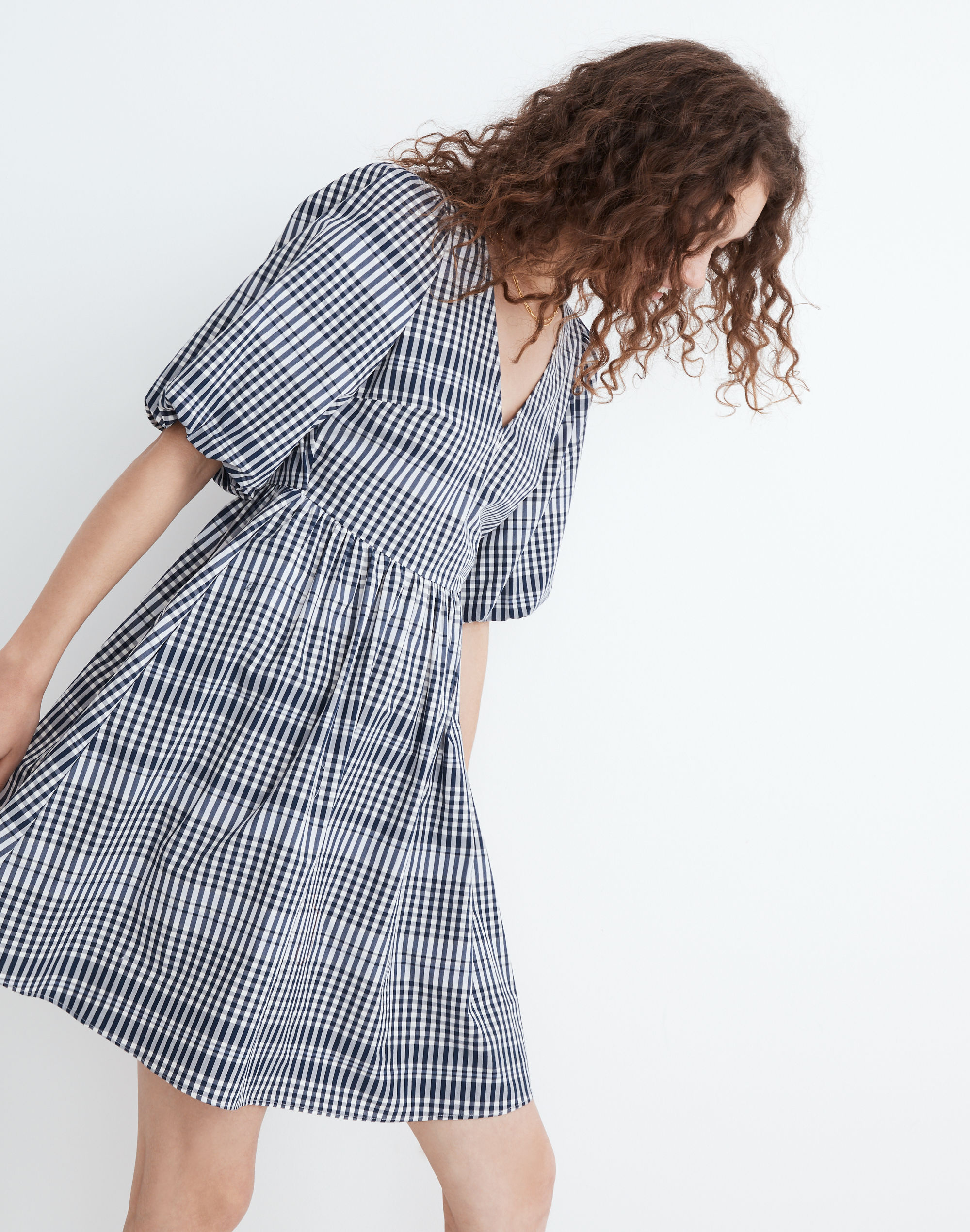 Poplin V-Neck Bubble-Sleeve Mini Dress in Plaid