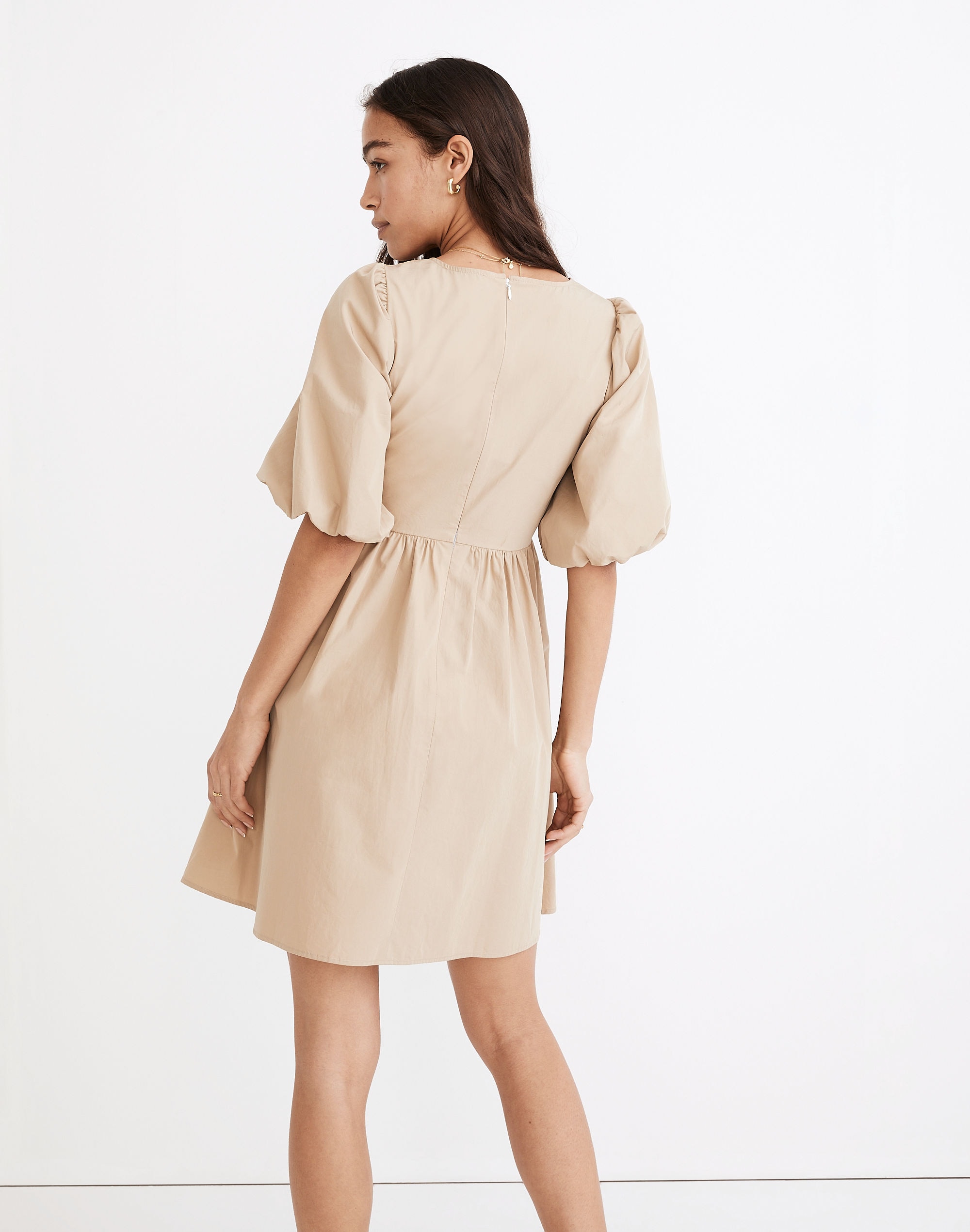 Poplin V-Neck Bubble-Sleeve Mini Dress