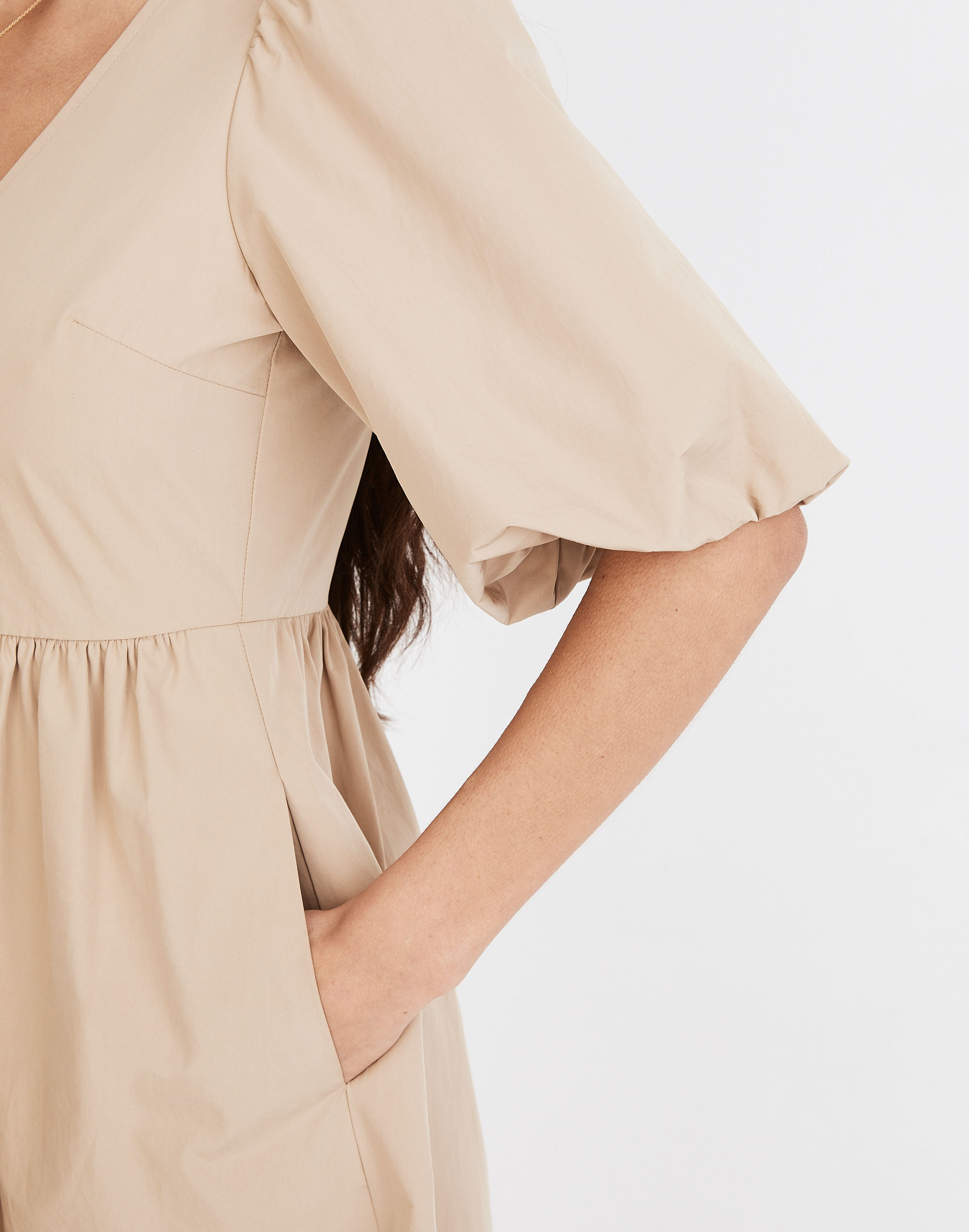 Poplin V-Neck Bubble-Sleeve Mini Dress