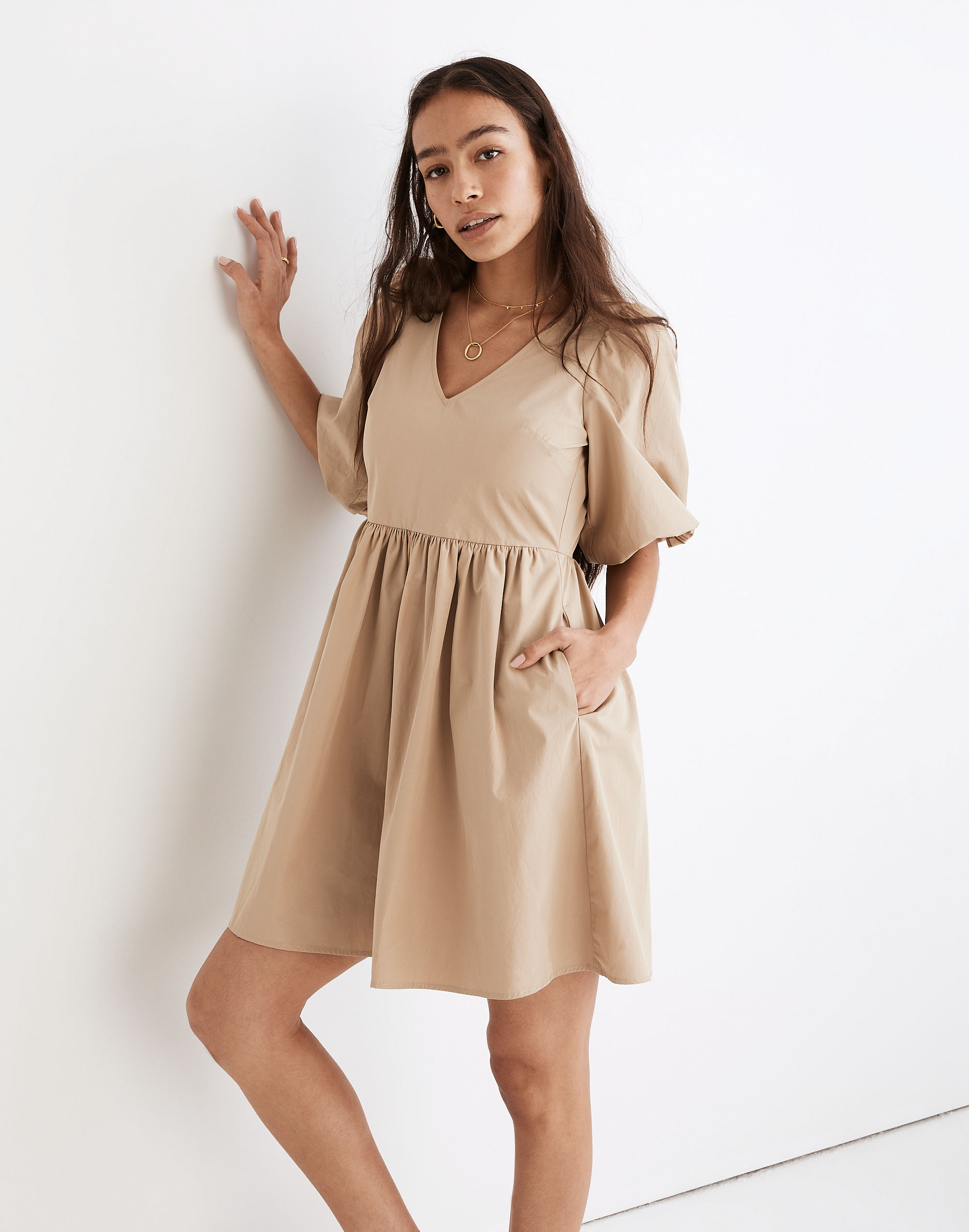 Poplin V-Neck Bubble-Sleeve Mini Dress