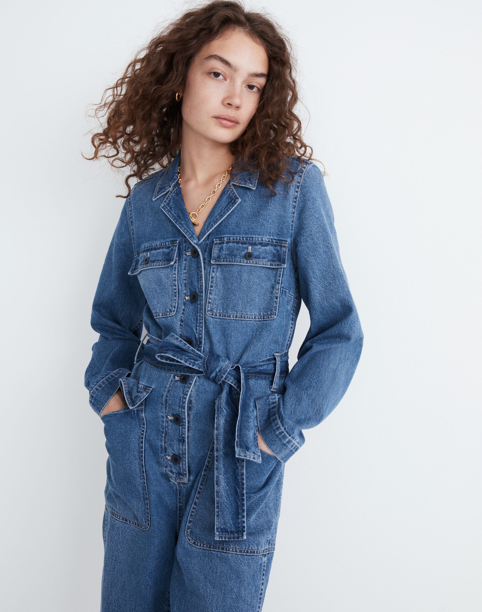 Petite Denim Tie-Waist Jumpsuit in Claireville Wash