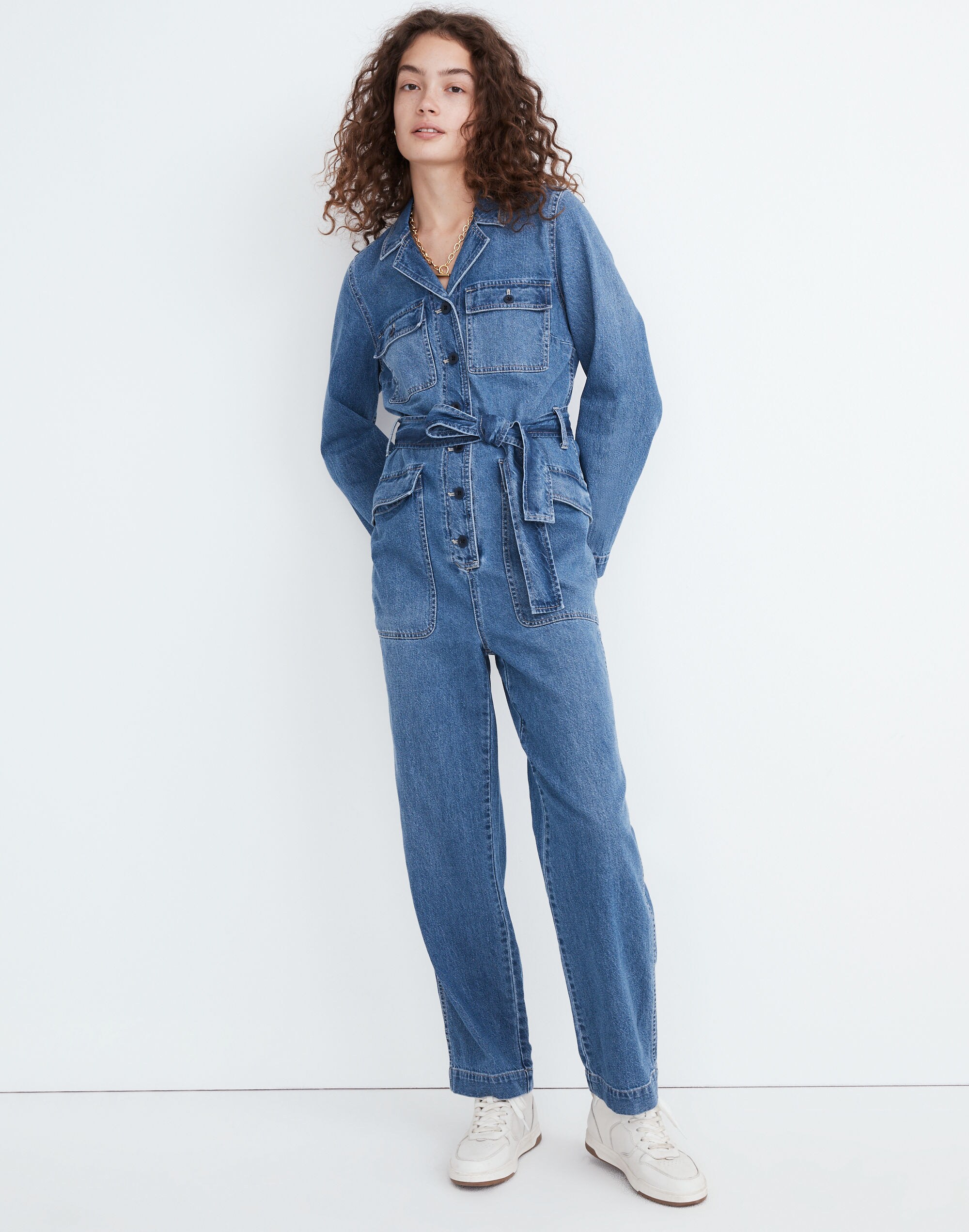 Petite Denim Tie-Waist Jumpsuit in Claireville Wash