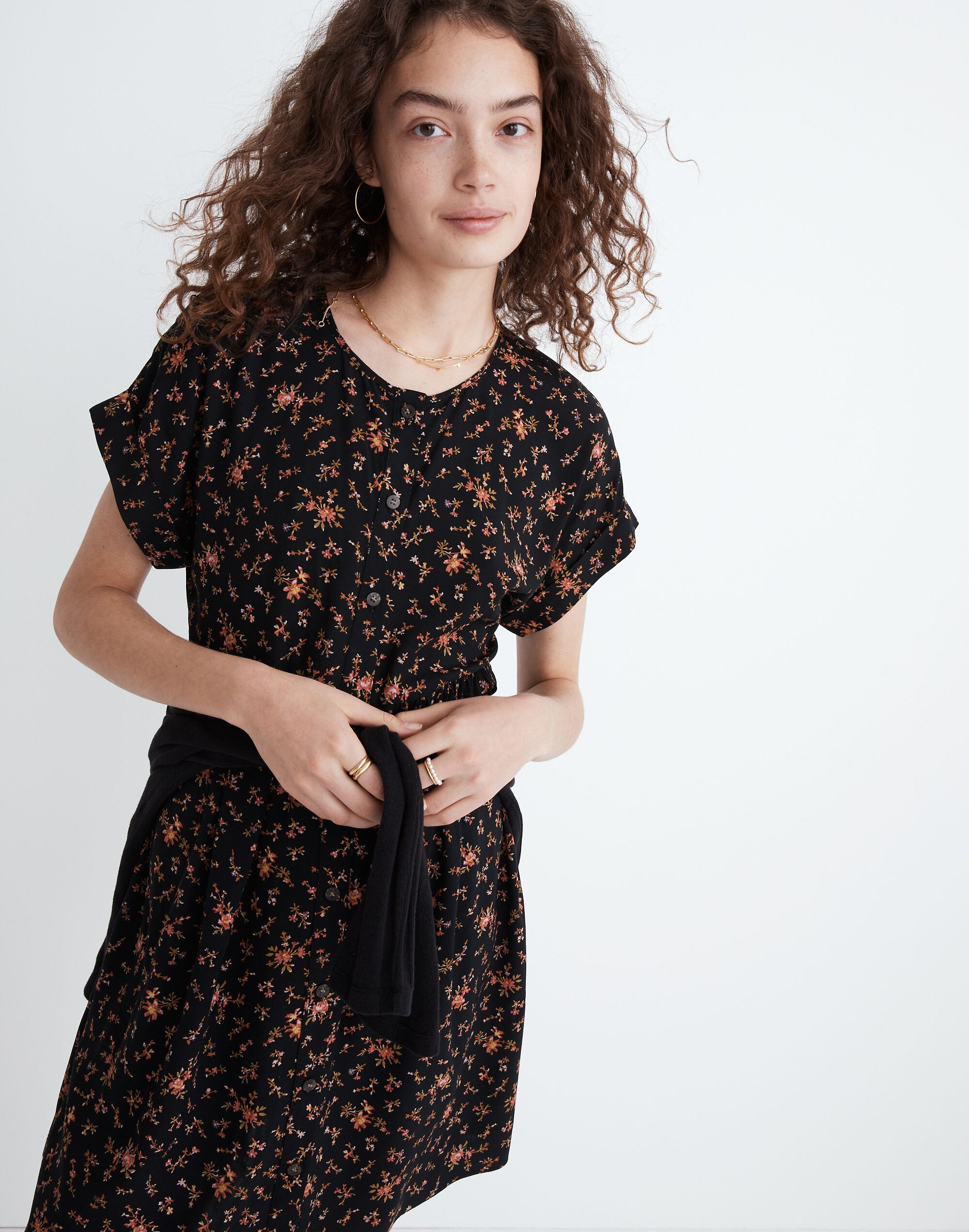 Short-Sleeve Button-Front Mini Dress in Fresh Sprigs