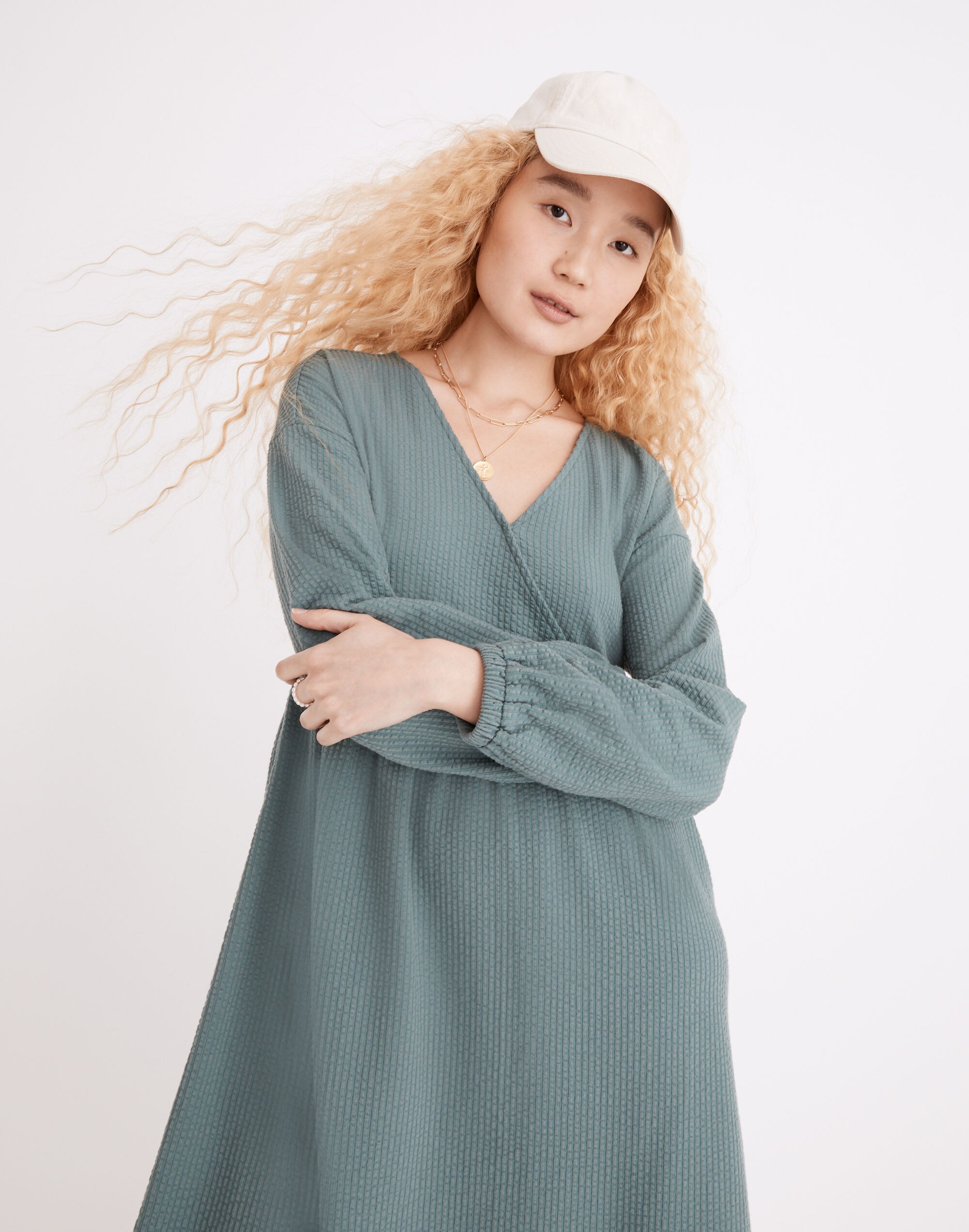 Long-Sleeve V-Neck Crossover Dress