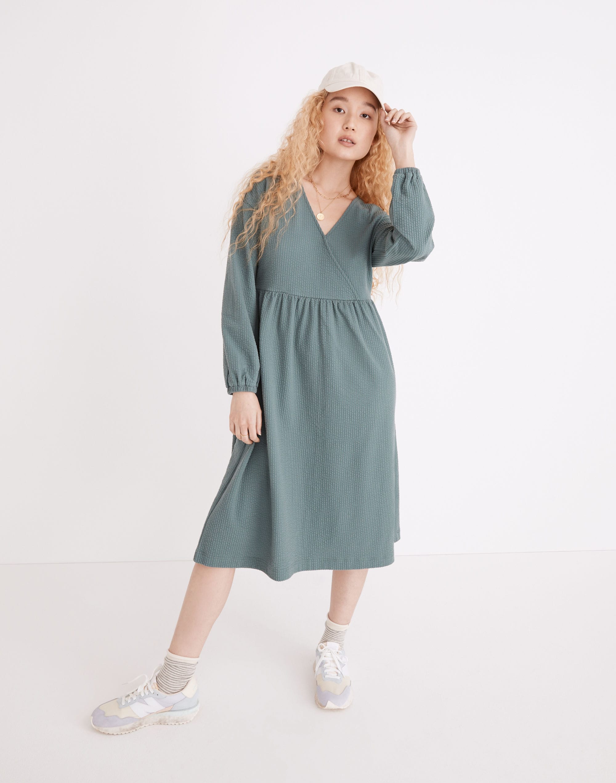 long-sleeve v-neck crossover dress