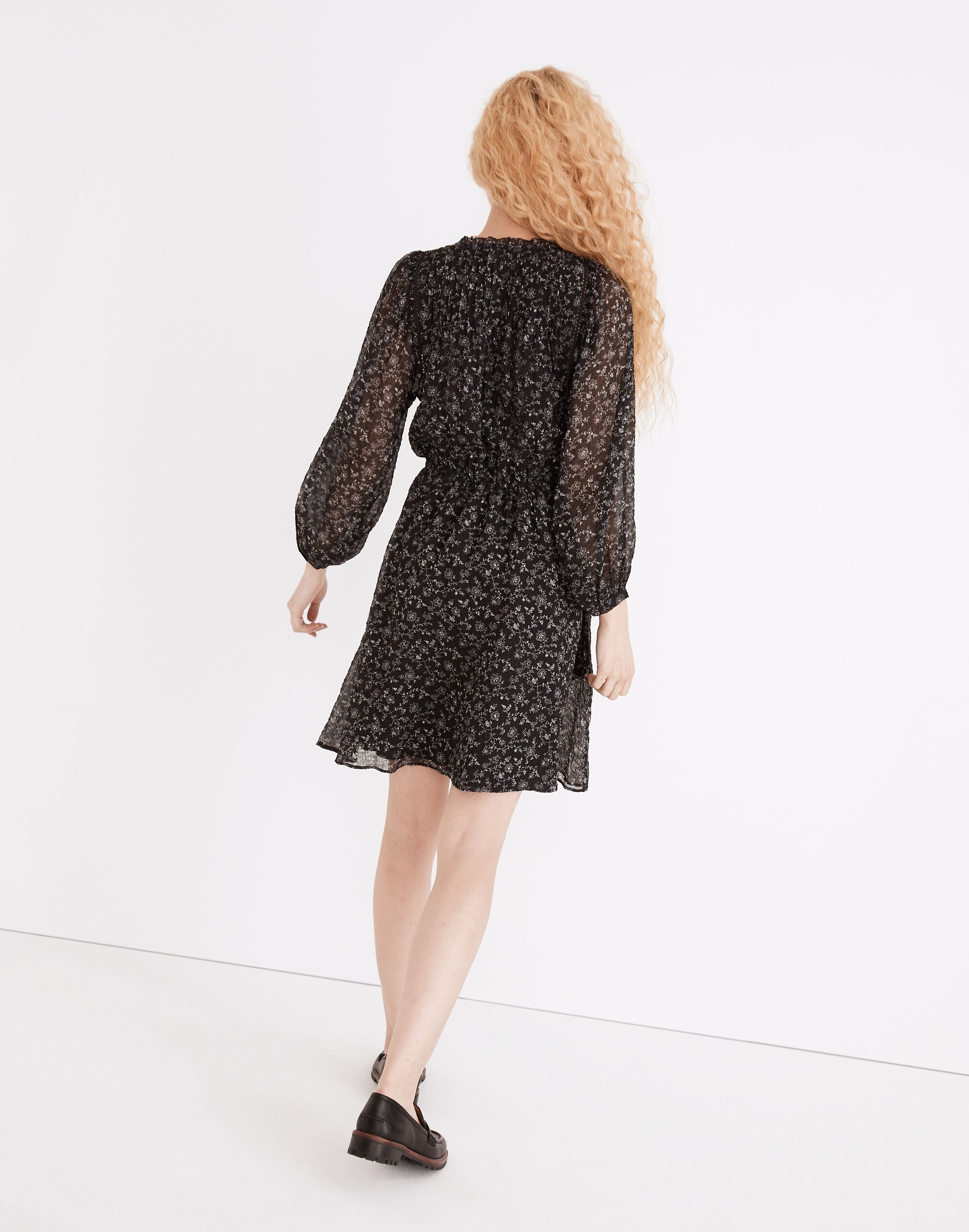 Ruffle-Neck Button-Front Mini Dress in Dotted Vines