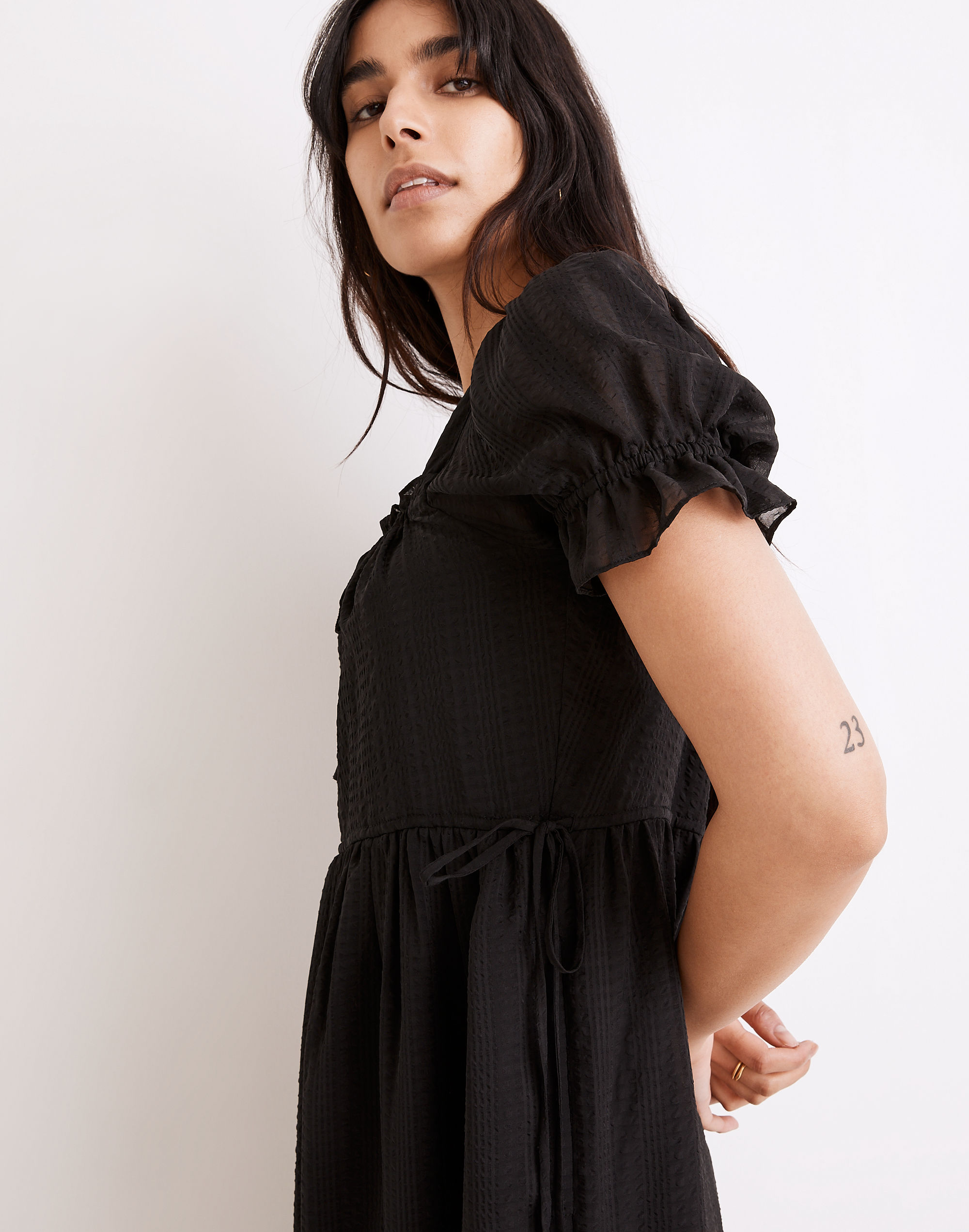 Square-Neck Tiered Midi Dress in Textured Seersucker