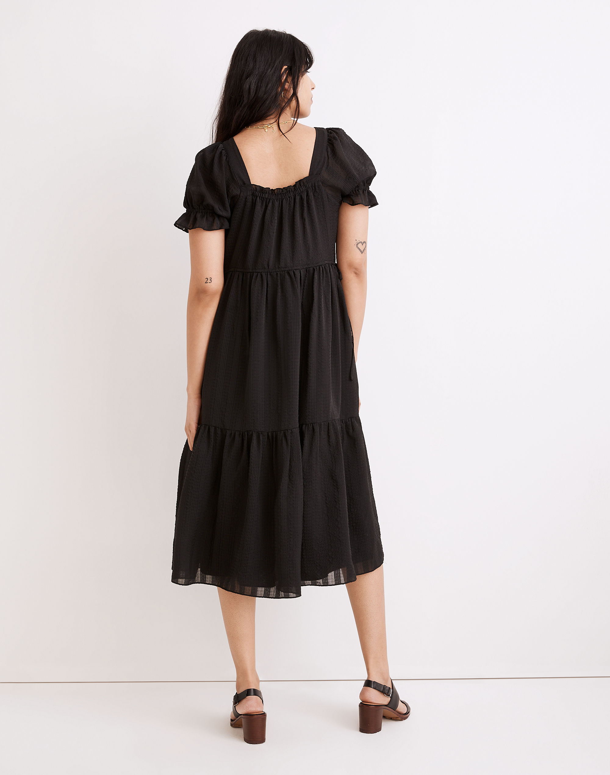 Square-Neck Tiered Midi Dress in Textured Seersucker