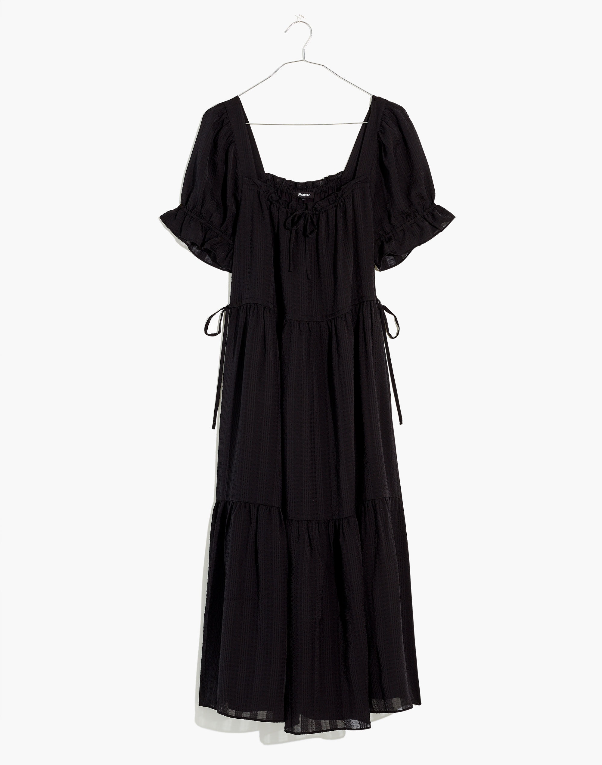 Square-Neck Tiered Midi Dress in Textured Seersucker