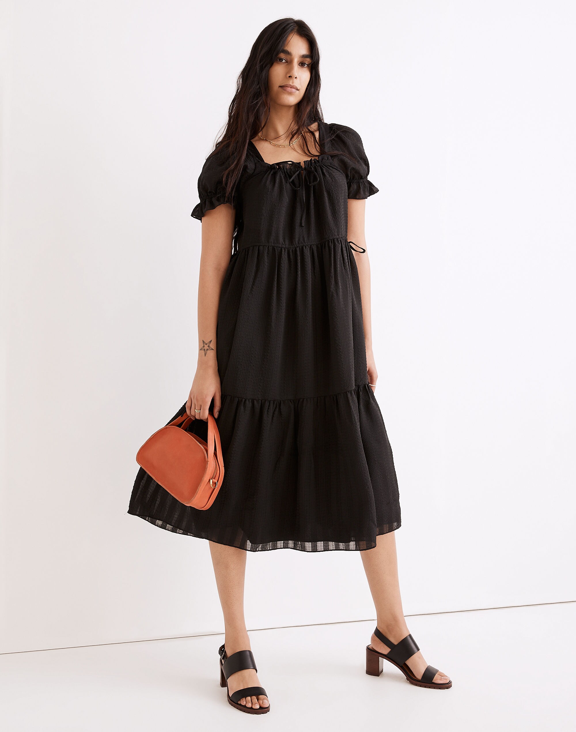 Square-Neck Tiered Midi Dress in Textured Seersucker