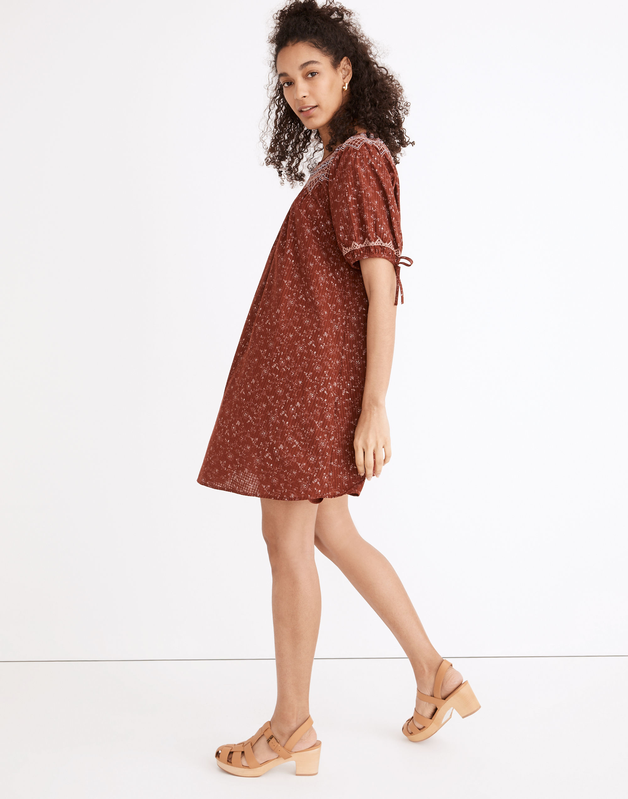 Embroidered Puff-Sleeve Babydoll Dress in Dotted Vines